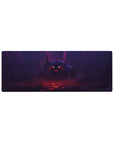 32x12 inches anime mouse pad with lone hero facing a colossal shadow beast in a cavern, cinematic wide art.