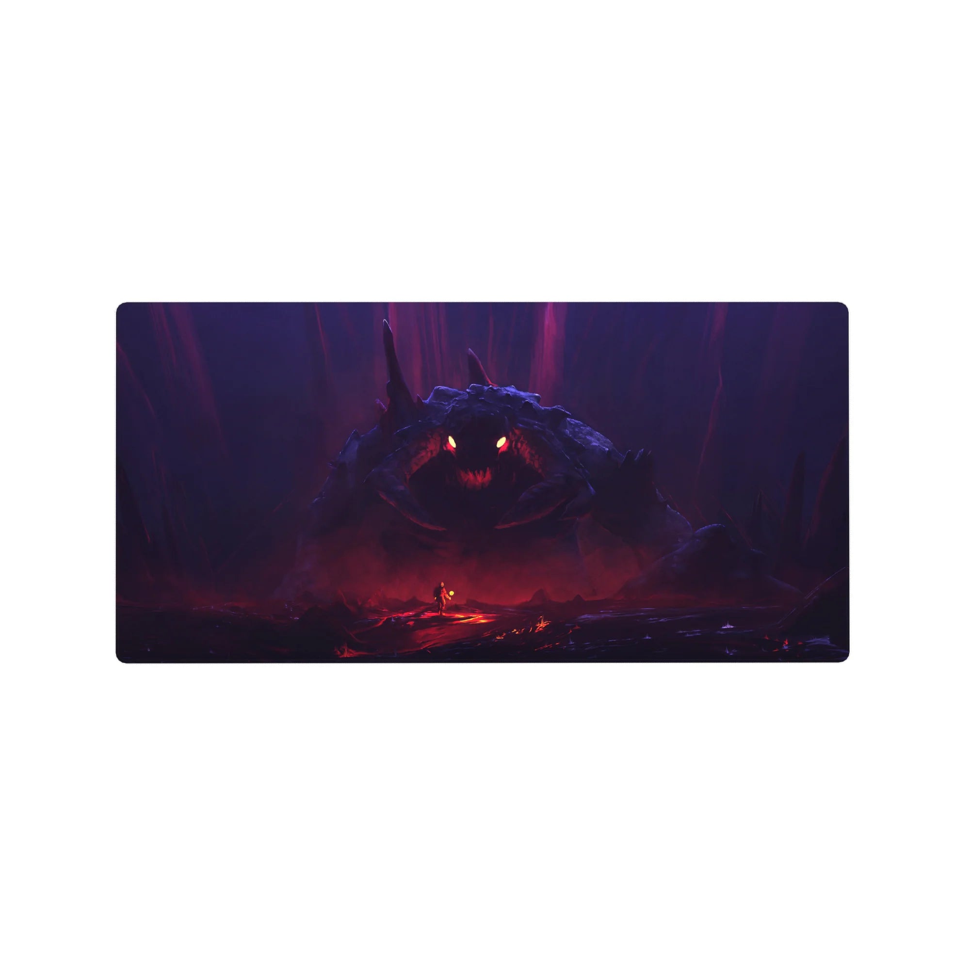Anime mouse pad 32x16 inches with hero vs shadow-beast cavern scene, torchlit, cinematic wide composition.