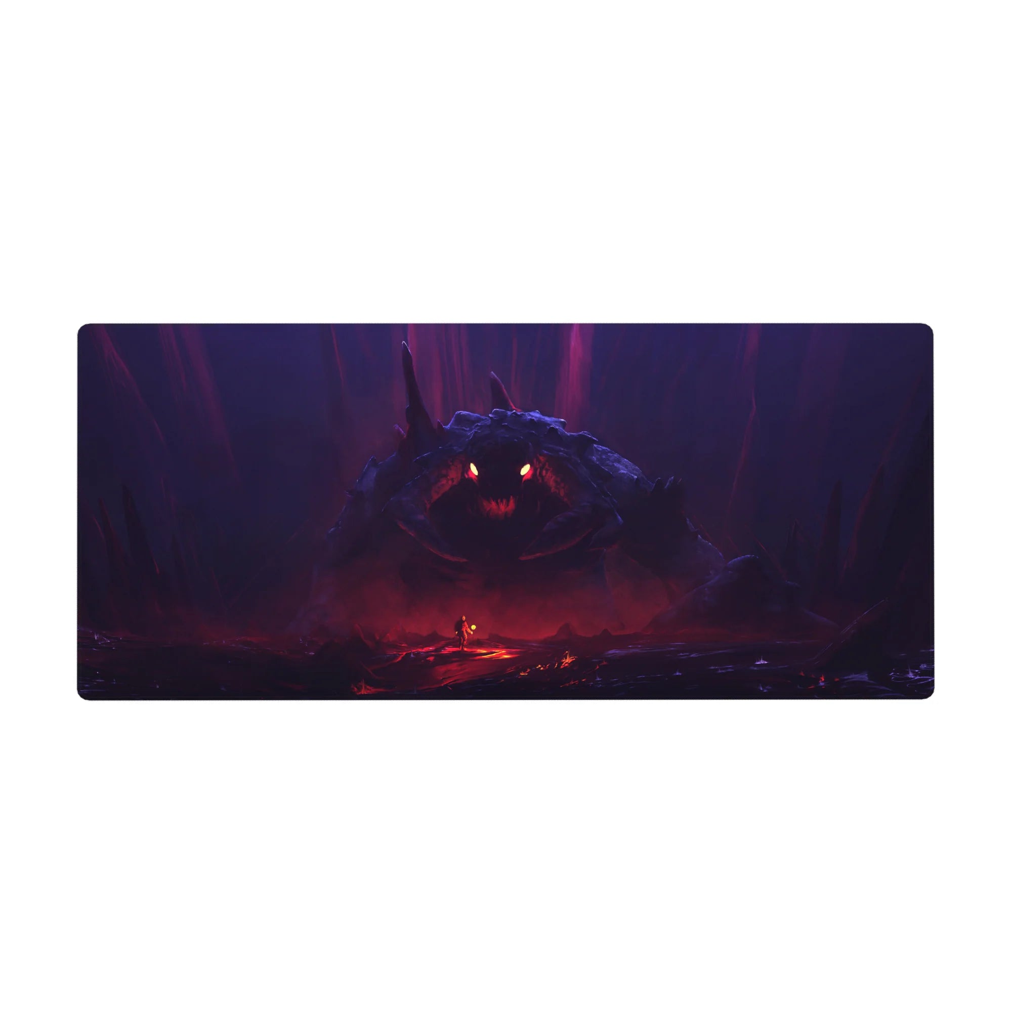 Anime desk pad 36x16 inches with lone hero vs colossal shadow beast in a cavern, wide cinematic layout.