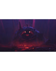 Anime desk pad 40x20 inches with lone hero vs colossal shadow beast in cavern, cinematic wide layout.