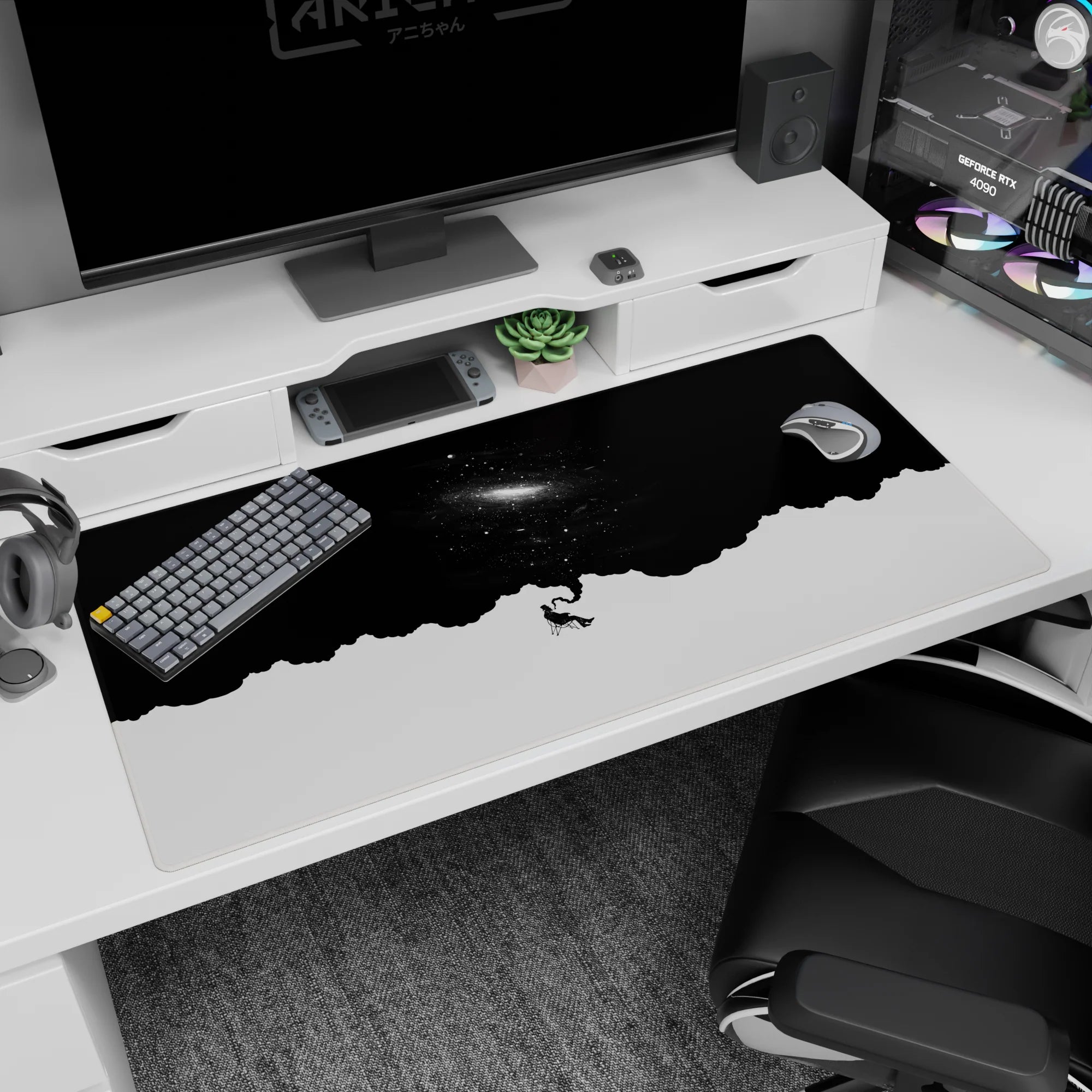 Small seated figure under a vast starry sky desk pad 40x20 inches, calm pale ground and night above.