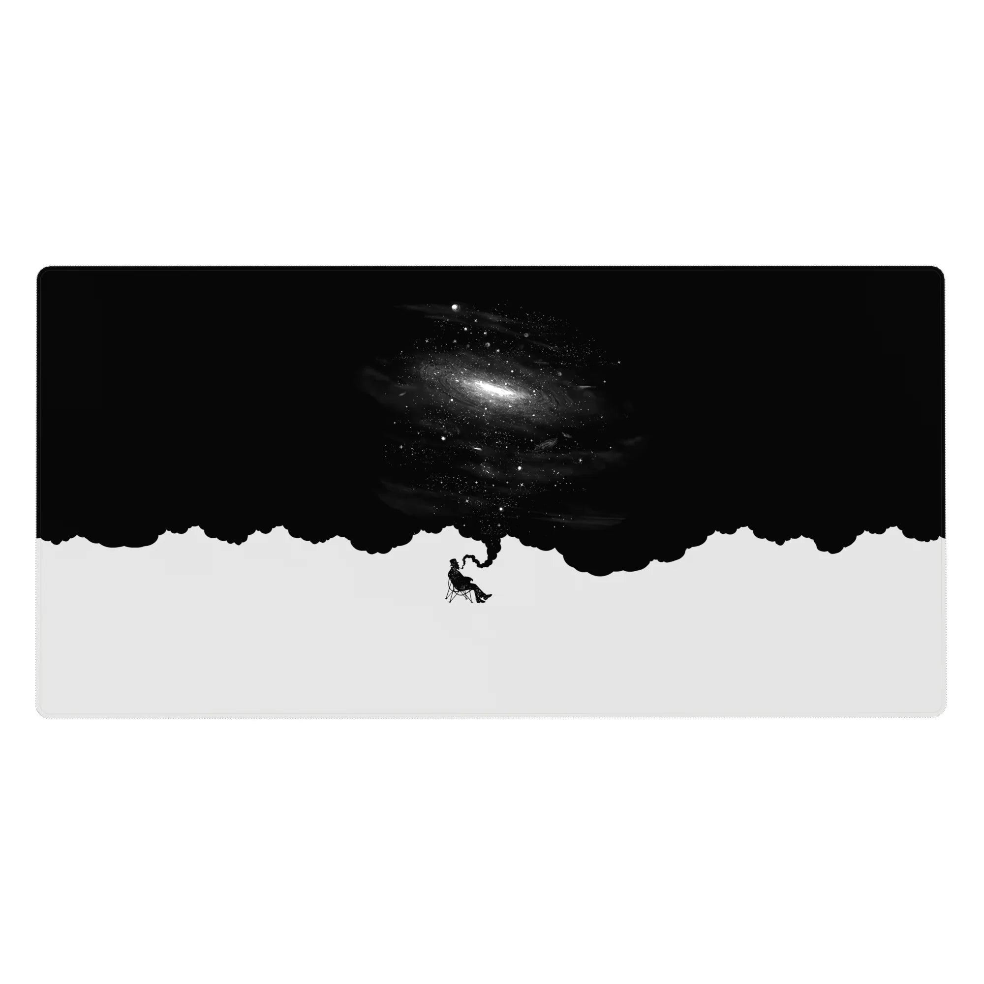 Starry night galaxy desk pad 40x20 inches with minimalist figure and pale ground, cinematic scene.