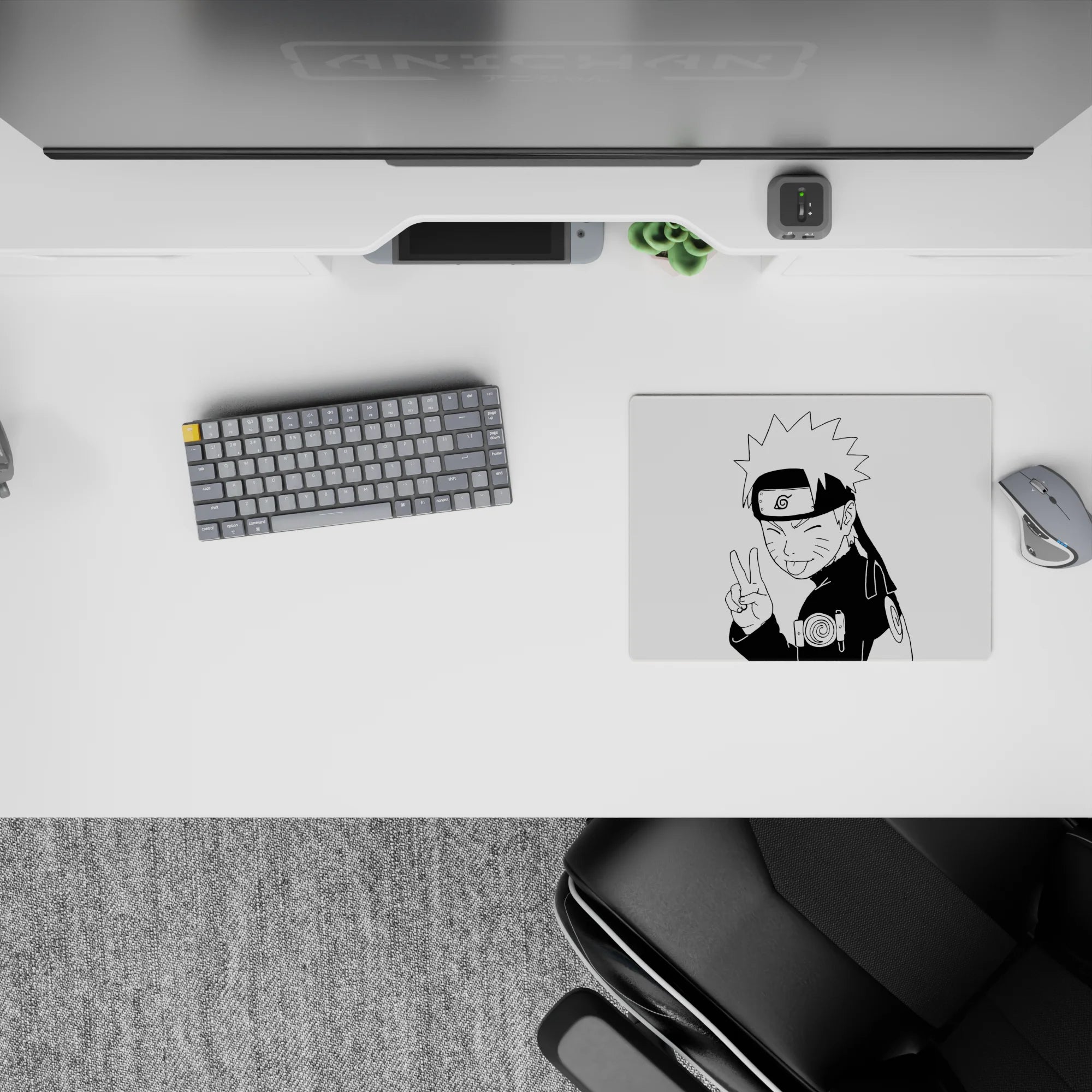 Black-and-white 14x10 inches anime mouse pad with crisp shadows, playful vibe, and clean ink style.