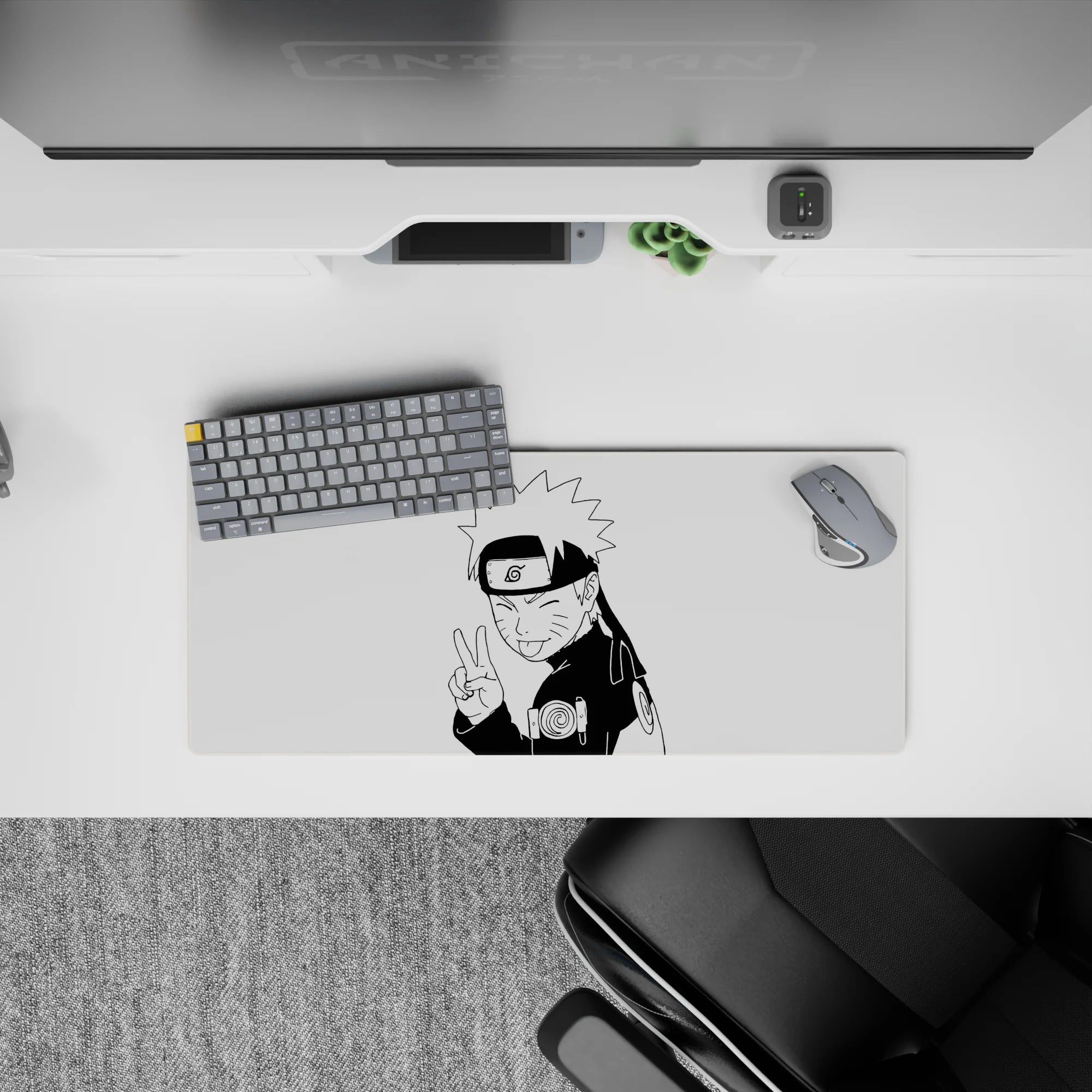 28x12 inches monochrome anime mouse pad, crisp ink lines and sharp shadows for a playful ninja vibe.