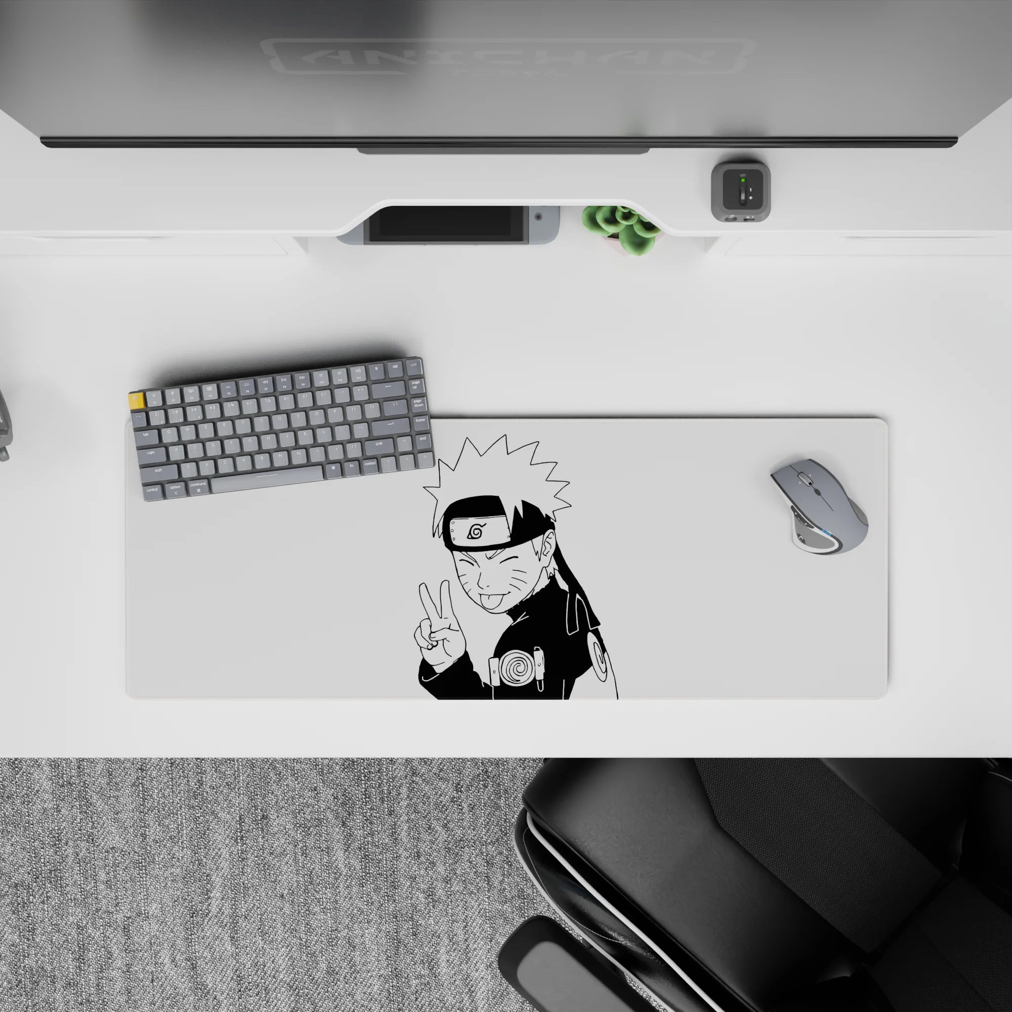 32x12 inches monochrome anime mouse pad, crisp ink style with playful, cheeky ninja vibe.