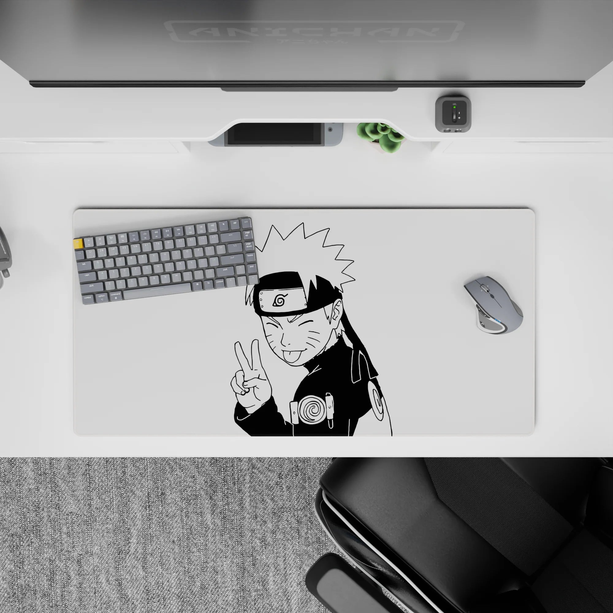 32x16 inches black-and-white anime mouse pad, crisp ink lines and cheeky upbeat ninja vibe.