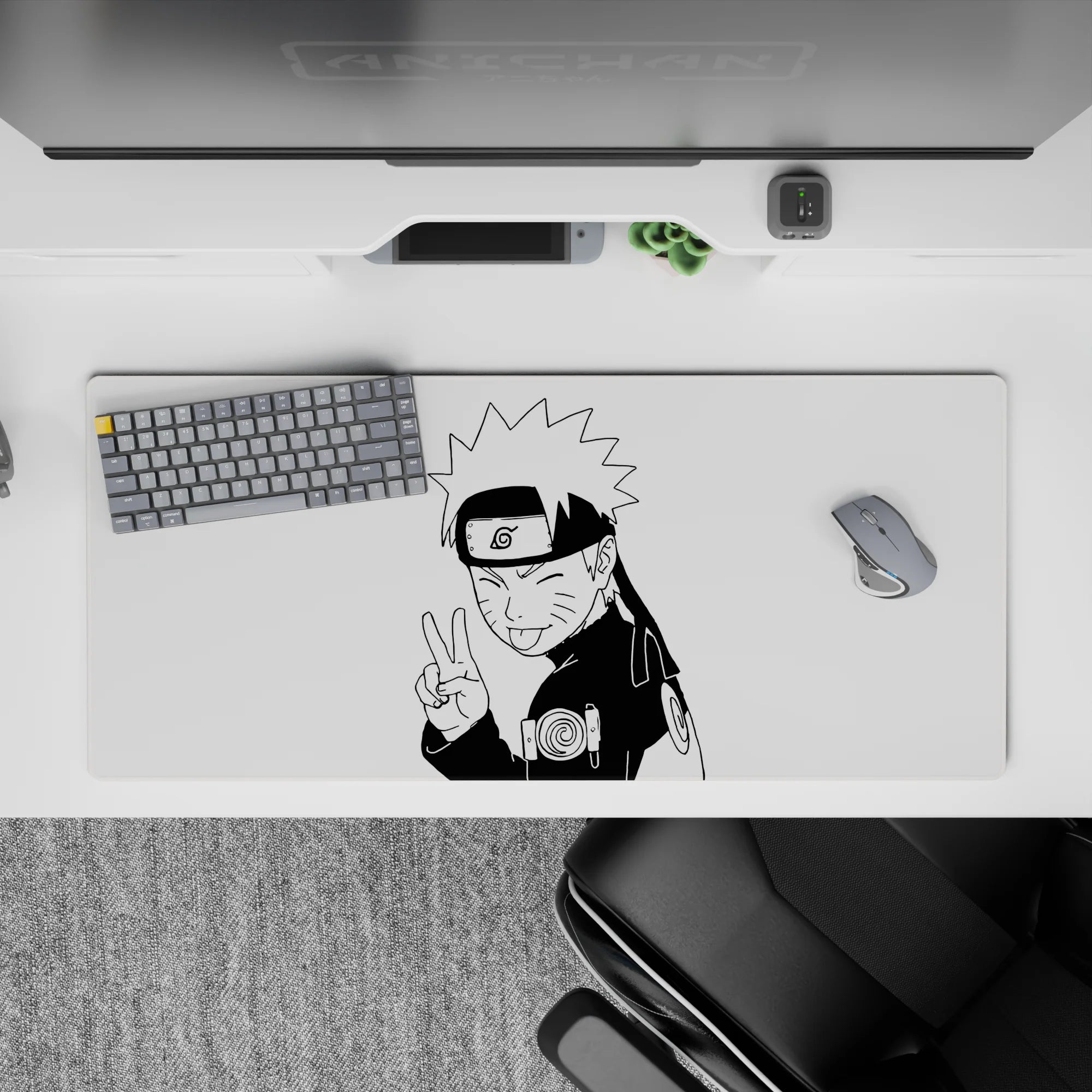 36x16 inches monochrome anime mouse pad, crisp ink lines and playful ninja vibe for gaming or work.