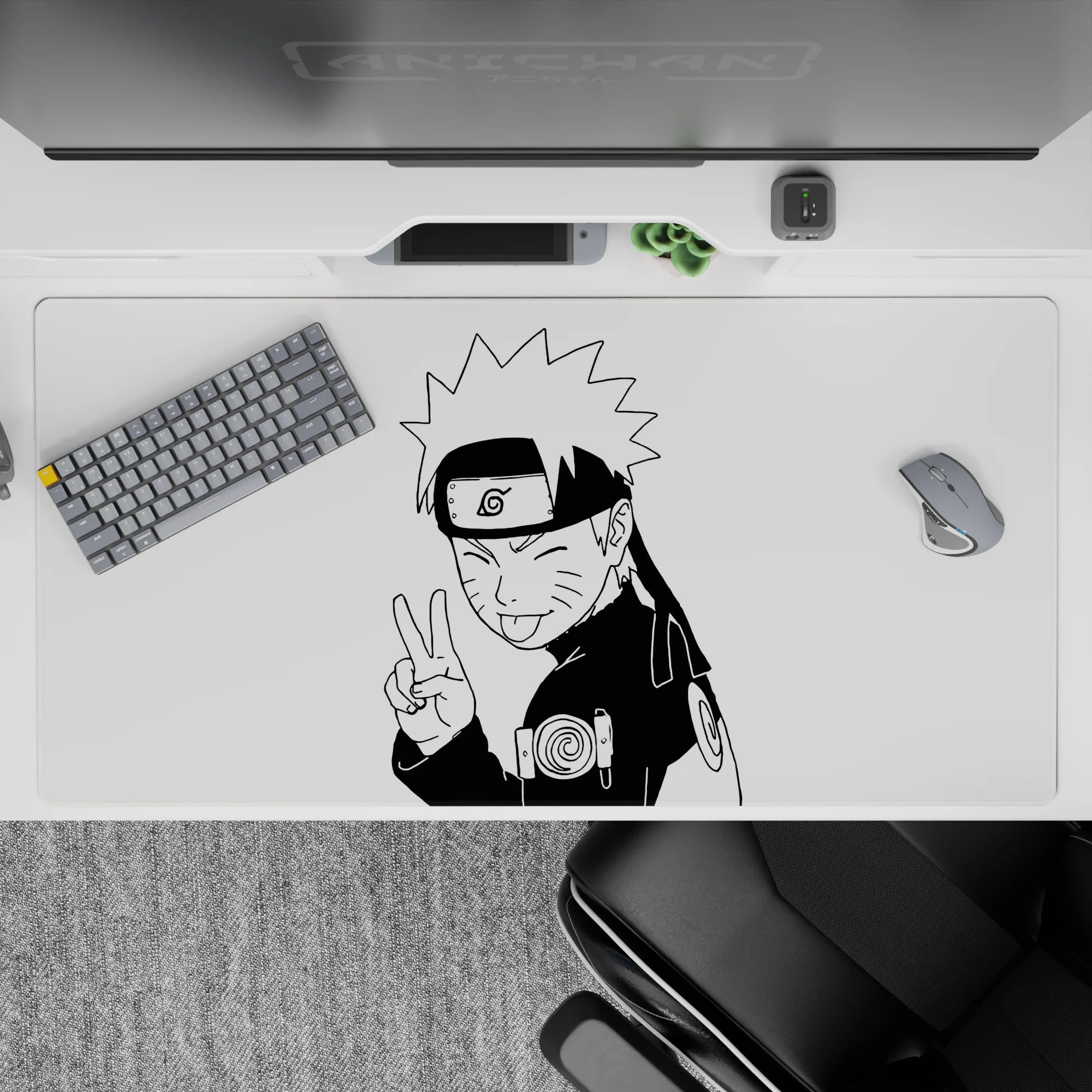 40x20 inches monochrome anime desk pad, playful ninja vibe with crisp ink lines and clean contrast.