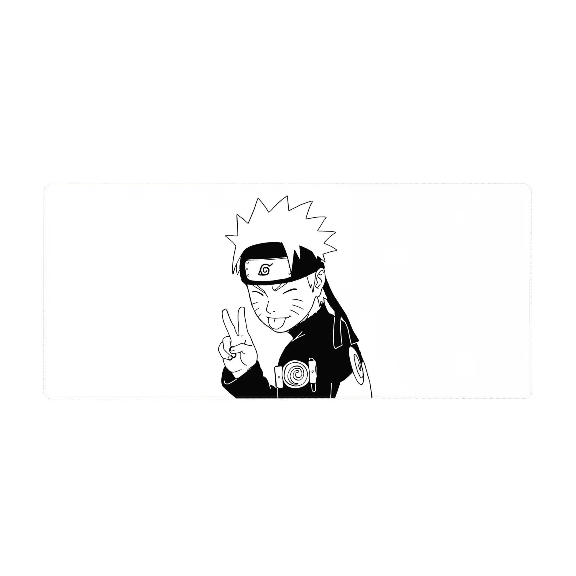 36x16 inches anime desk pad with bold black-and-white Naruto peace sign line art and swirl accents.