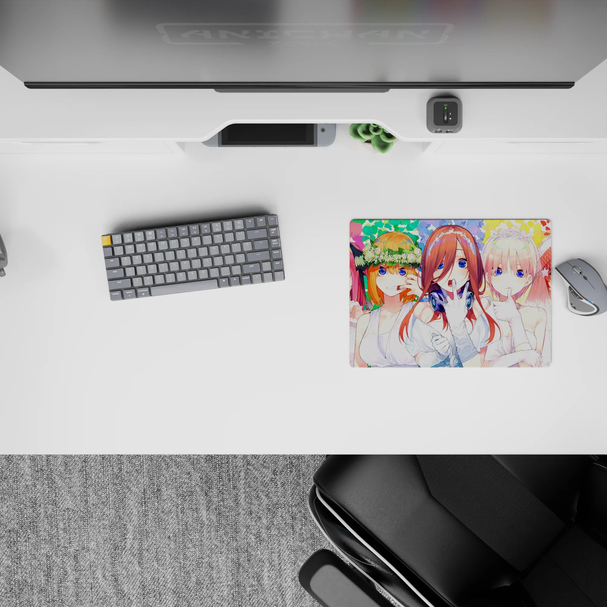Rainbow confetti backdrop anime bride mouse pad 14x10 inches, bright blue eyes, playful romantic secret vibe.
