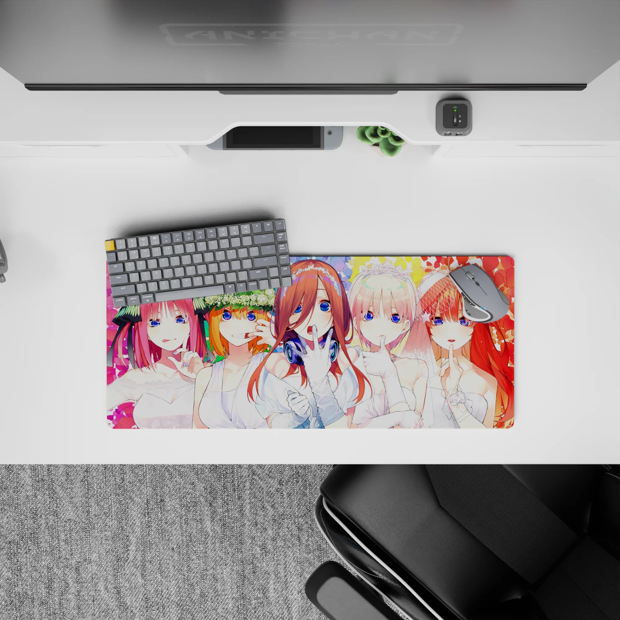 28x12 inches kawaii bridal anime mouse pad, bright rainbow confetti colors, playful romantic secretive vibe.