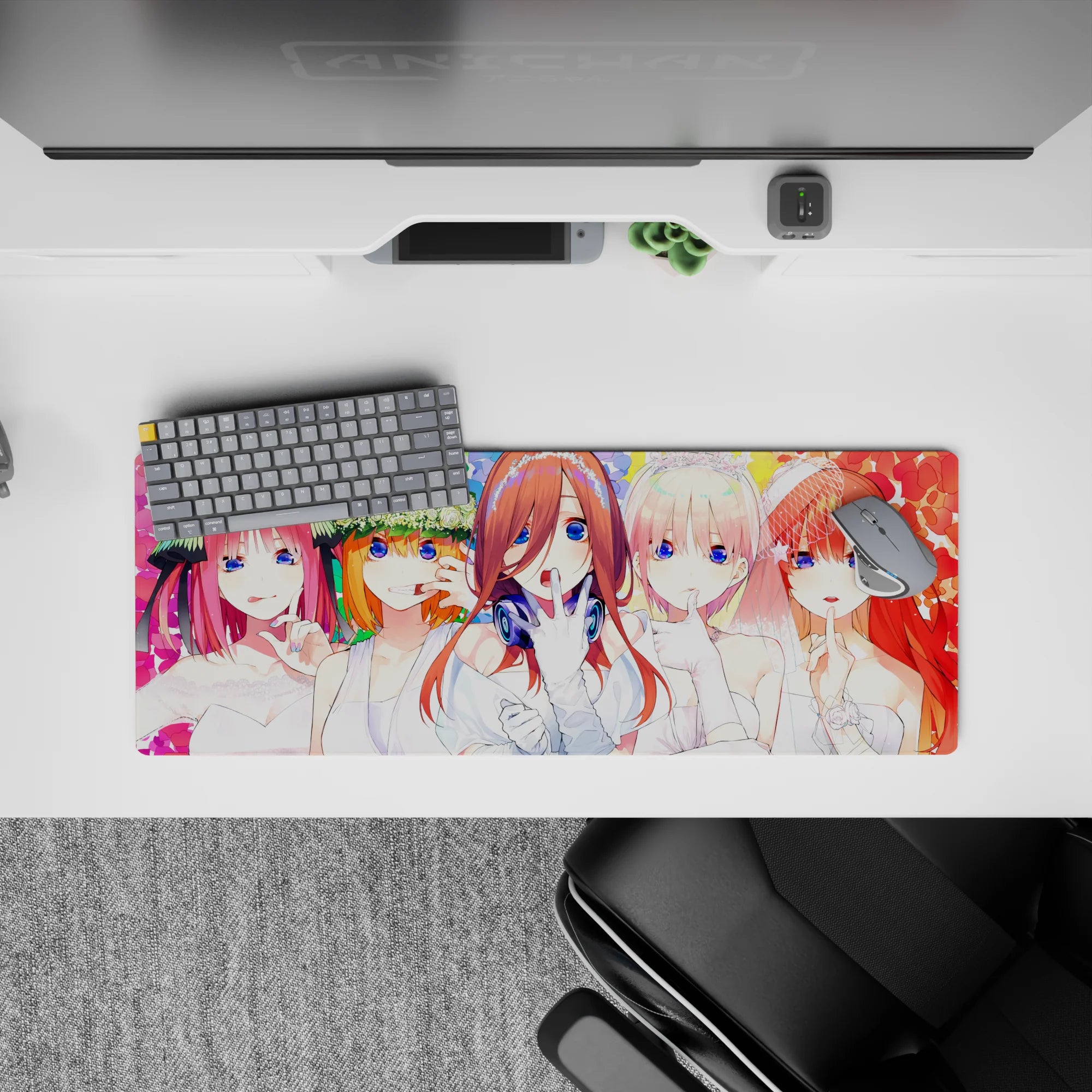 32x12 inches anime girl mouse pad in bright pastel rainbow confetti, playful romantic vibe with blue-eyed brides.