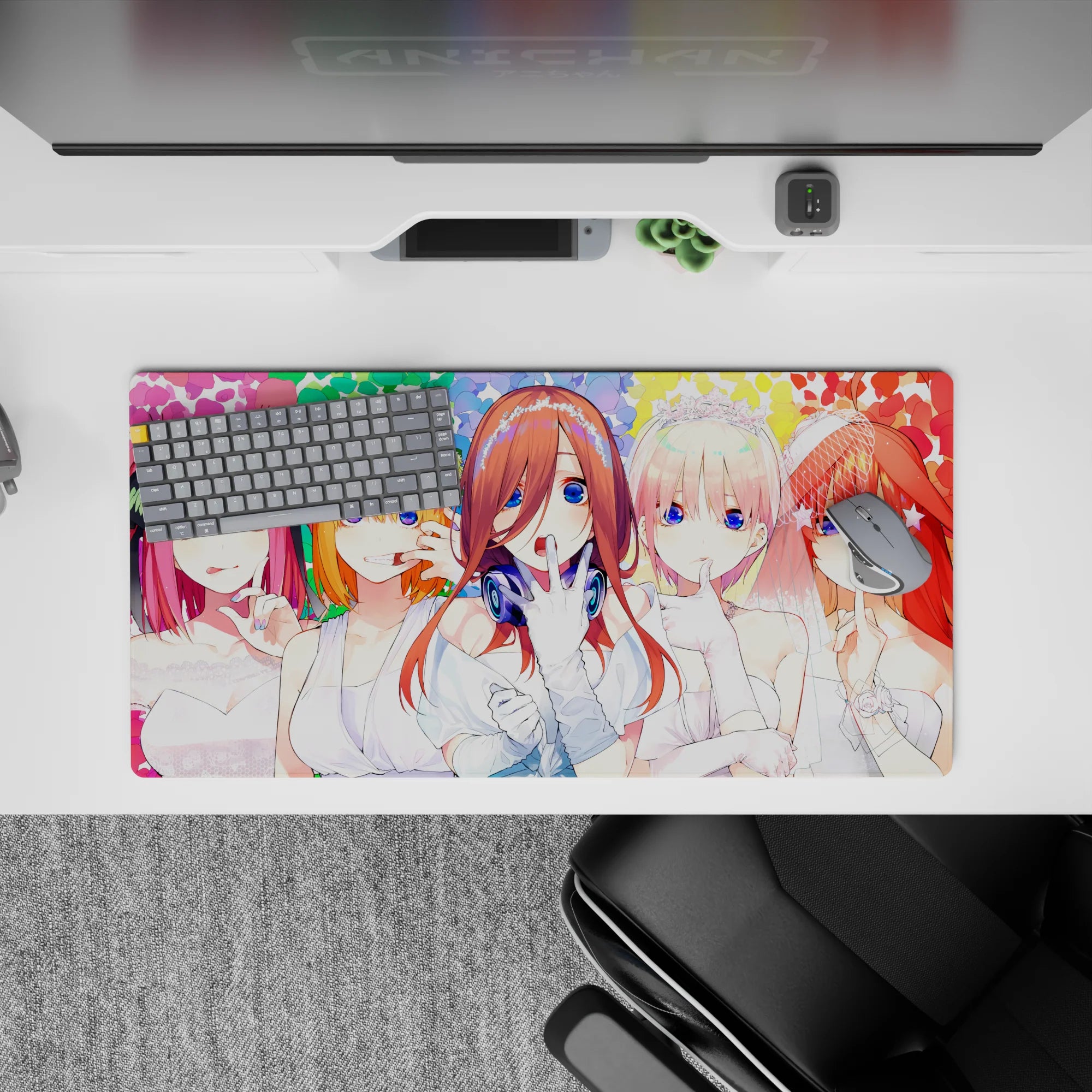 32x16 inches anime girl mouse pad in bright rainbow confetti colors, playful romantic vibe, blue-eyed brides.