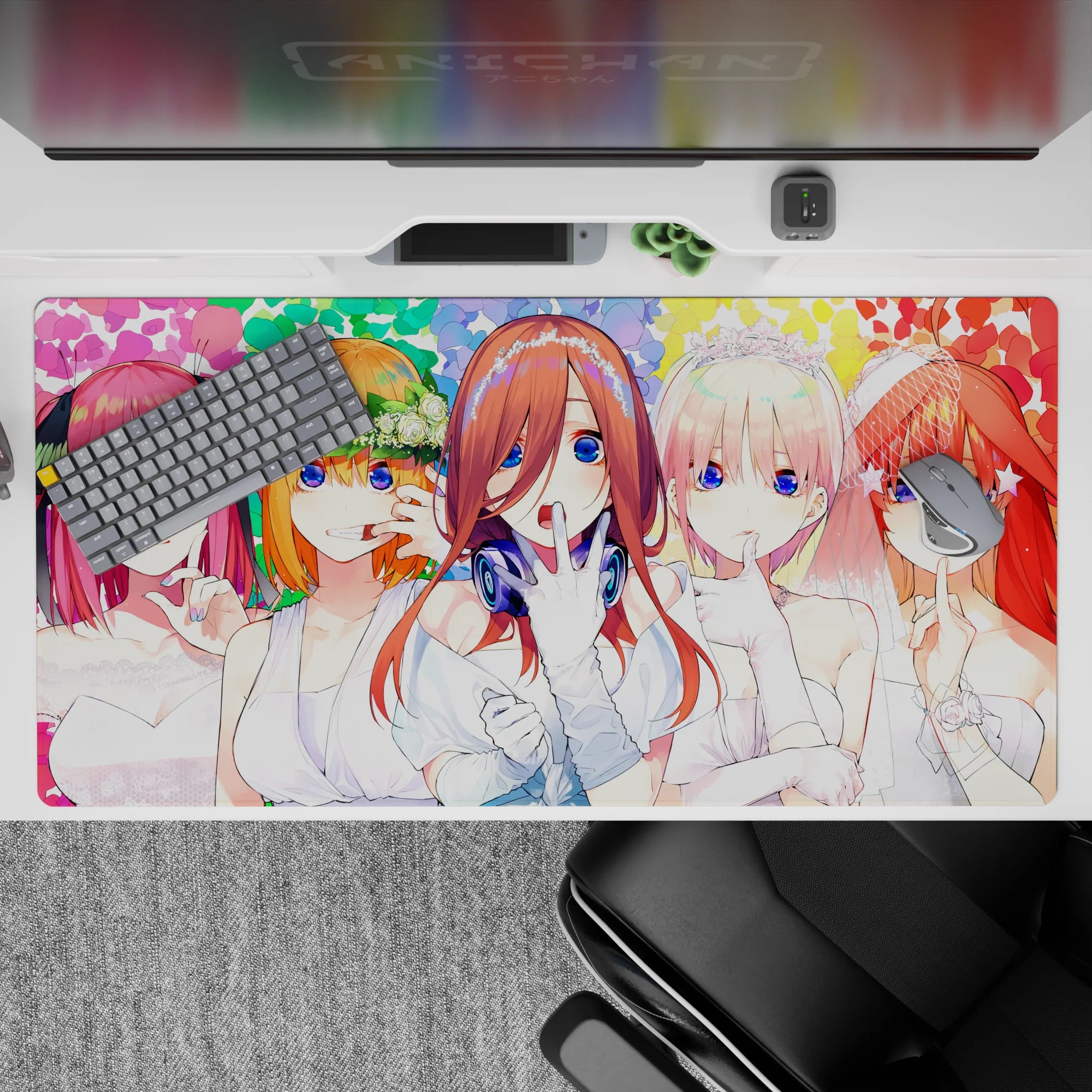 40x20 inches anime desk pad in vivid rainbow confetti, bright blue eyes, playful romantic secret vibe.