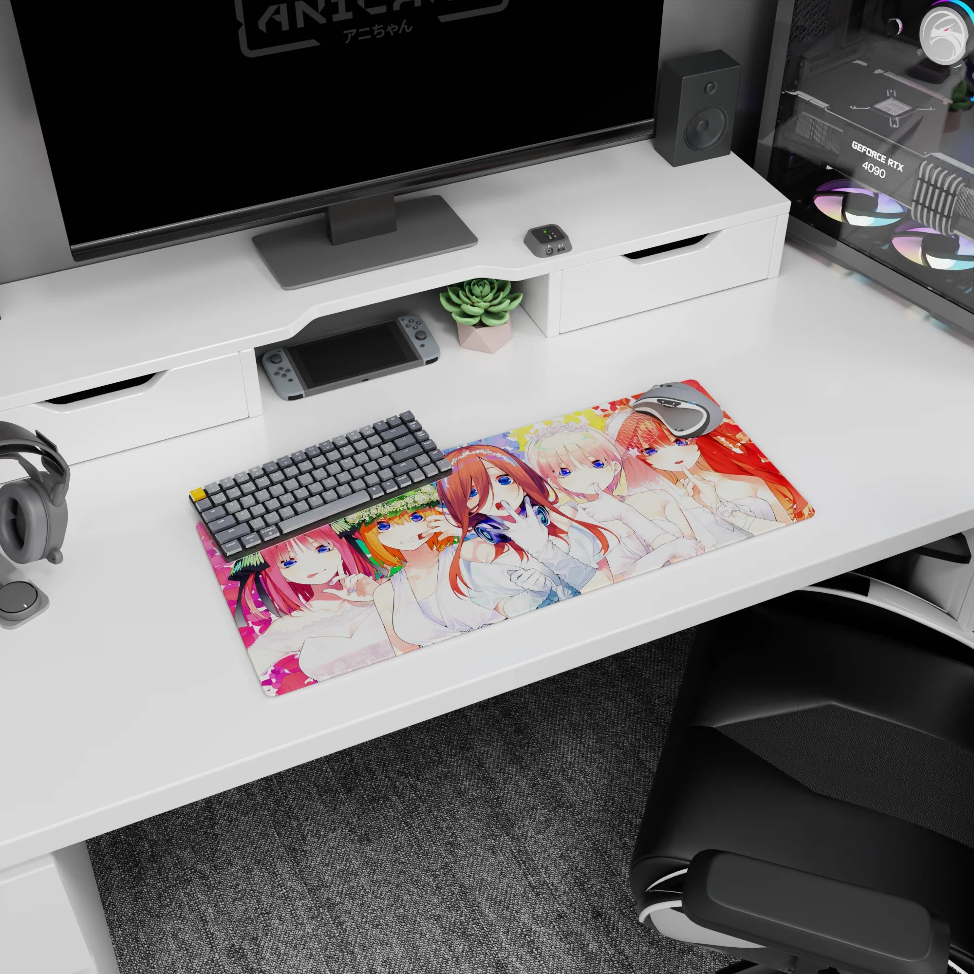 28x12 inches anime mouse pad featuring spotlight bride in white with headphones, surrounded by four brides.
