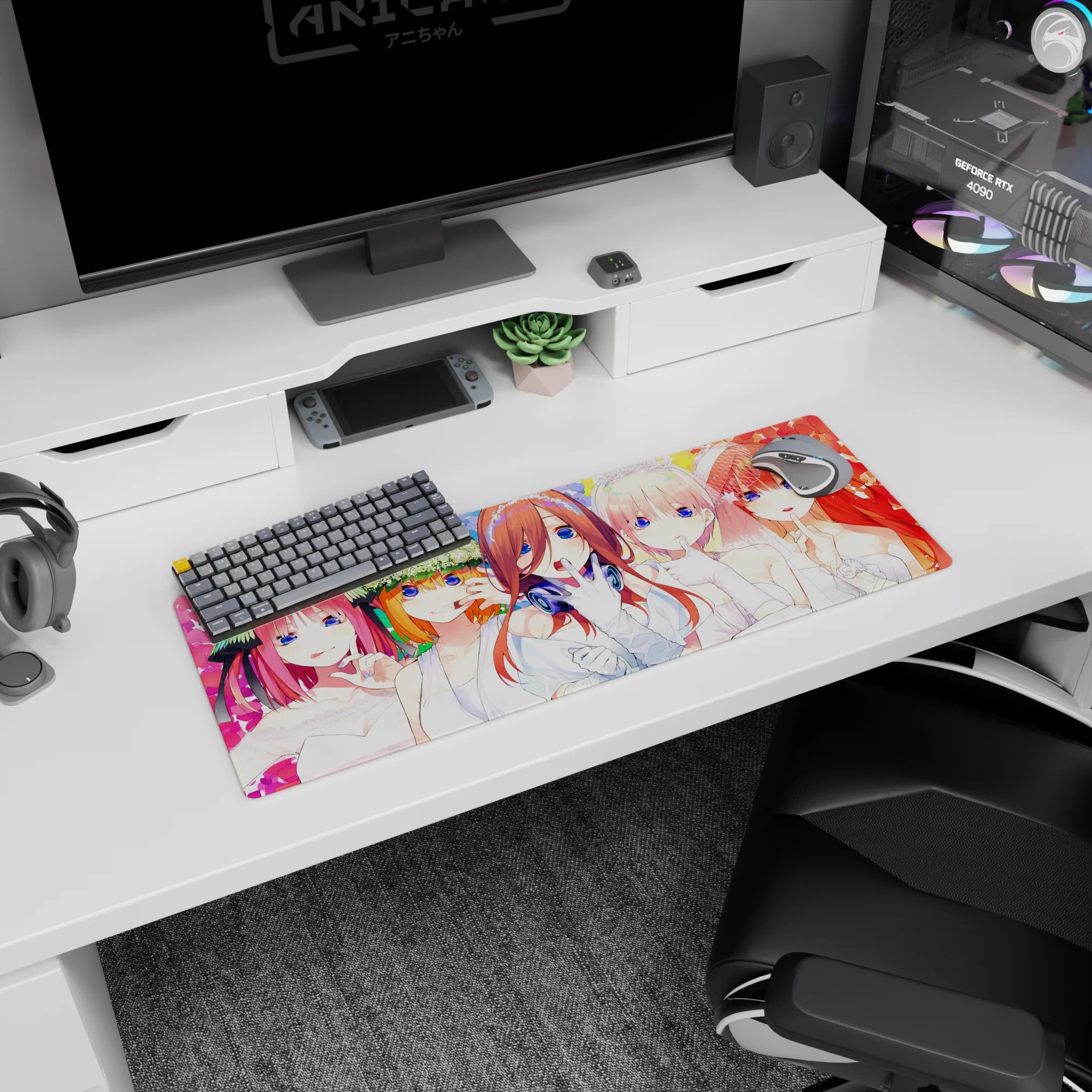 32x12 inches anime girl mouse pad featuring center white-dressed girl with headphones, flanked by brides shushing.