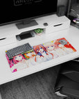 32x12 inches anime girl mouse pad featuring center white-dressed girl with headphones, flanked by brides shushing.