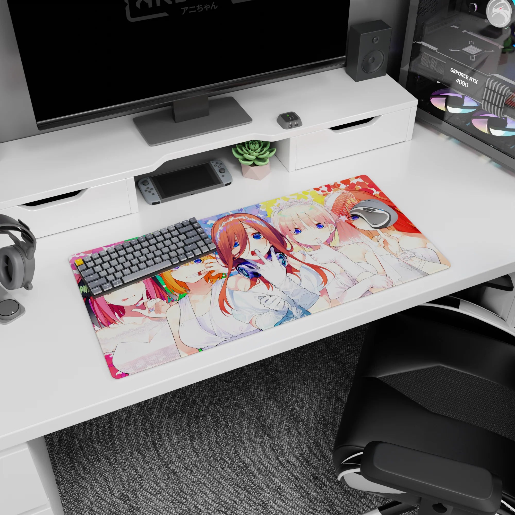 32x16 inches anime girl mouse pad featuring center bride in white with headphones, flanked by pink and orange hair.