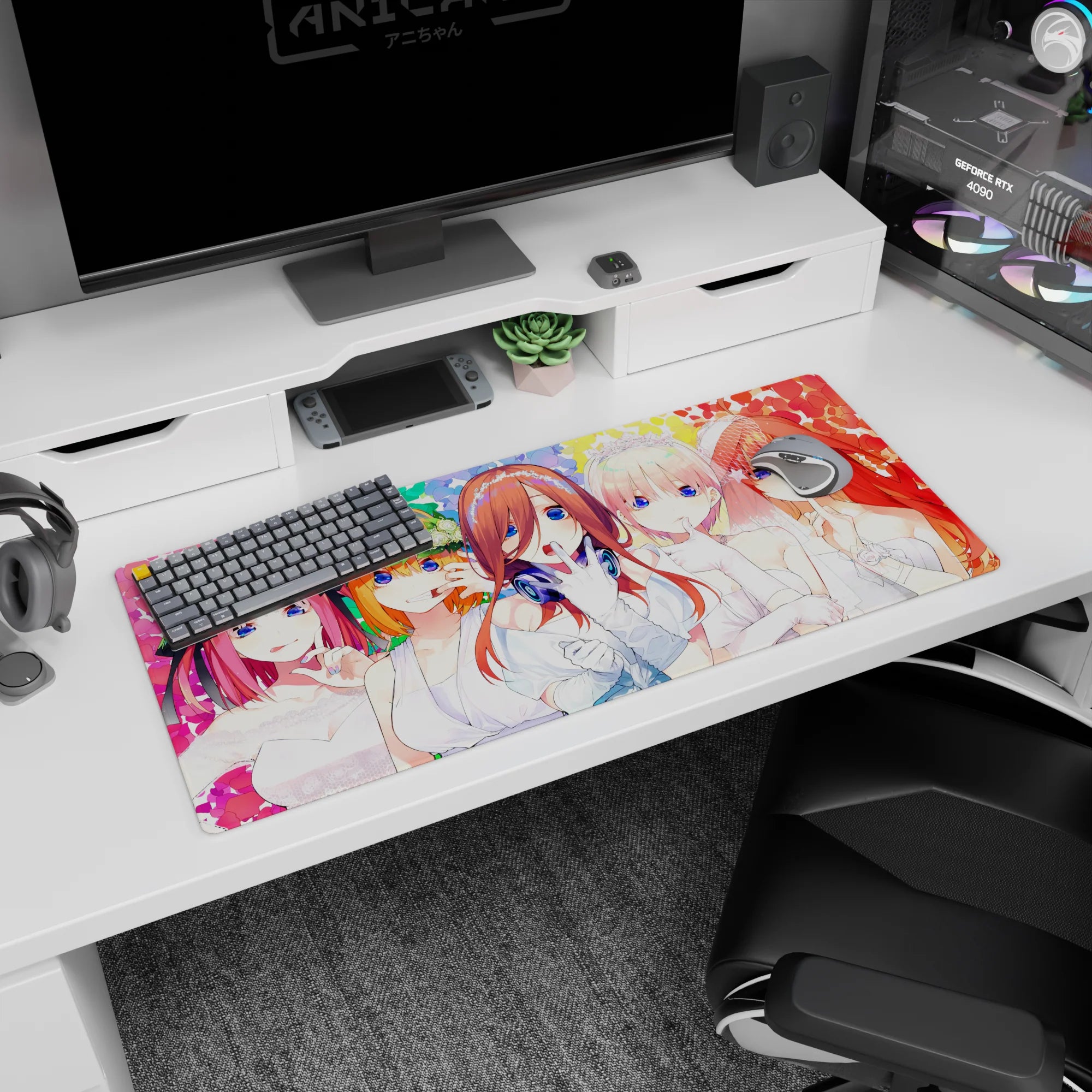 36x16 inches anime desk pad featuring spotlight bride in white with headphones, flanked by pink and orange hair.