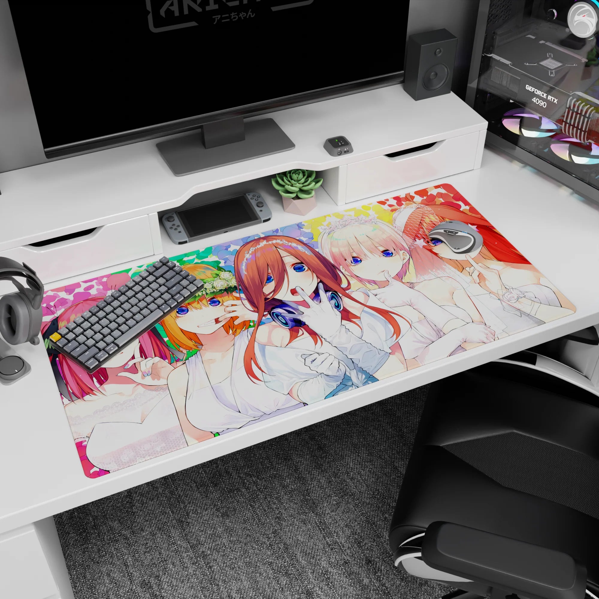 40x20 inches anime desk pad with center white bride and neck headphones, flanked by pink and orange brides.