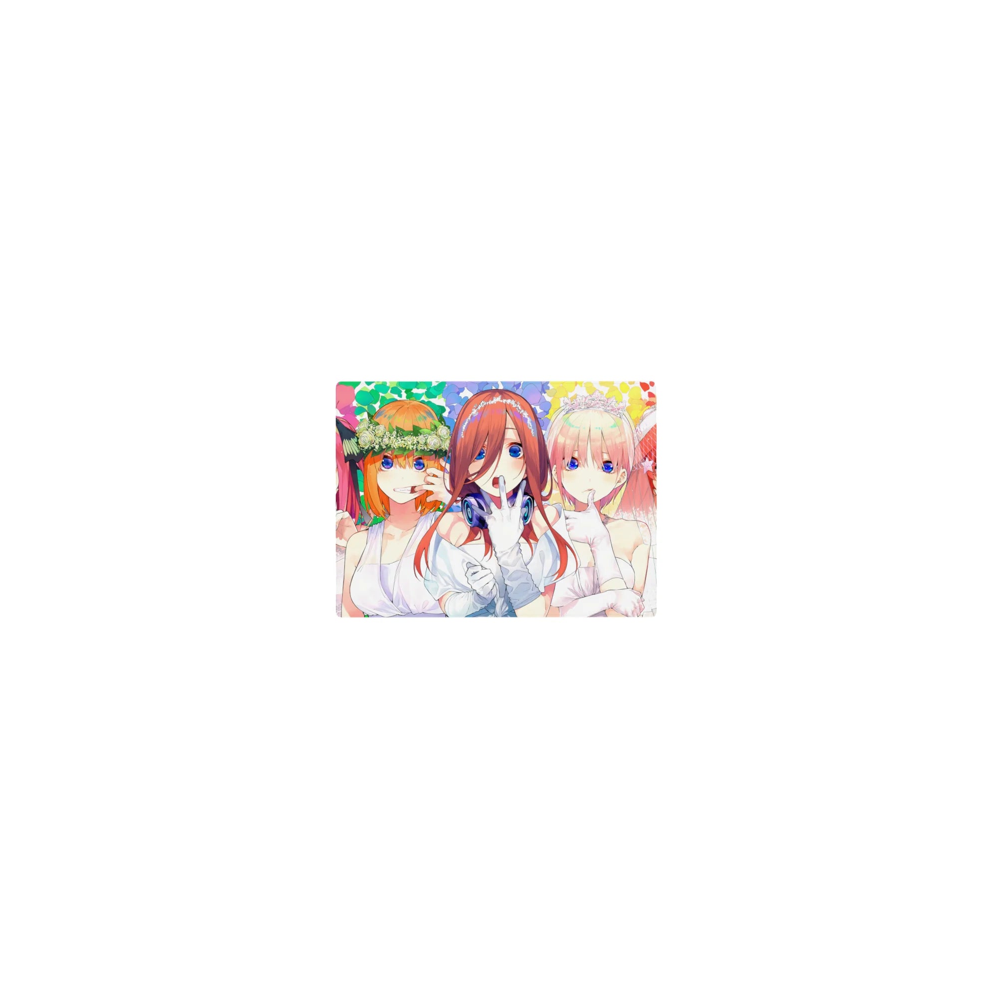 Classic anime girl mouse pad 14x10 inches with five bridal girls, veils, tiaras, and hush poses on rainbow confetti.
