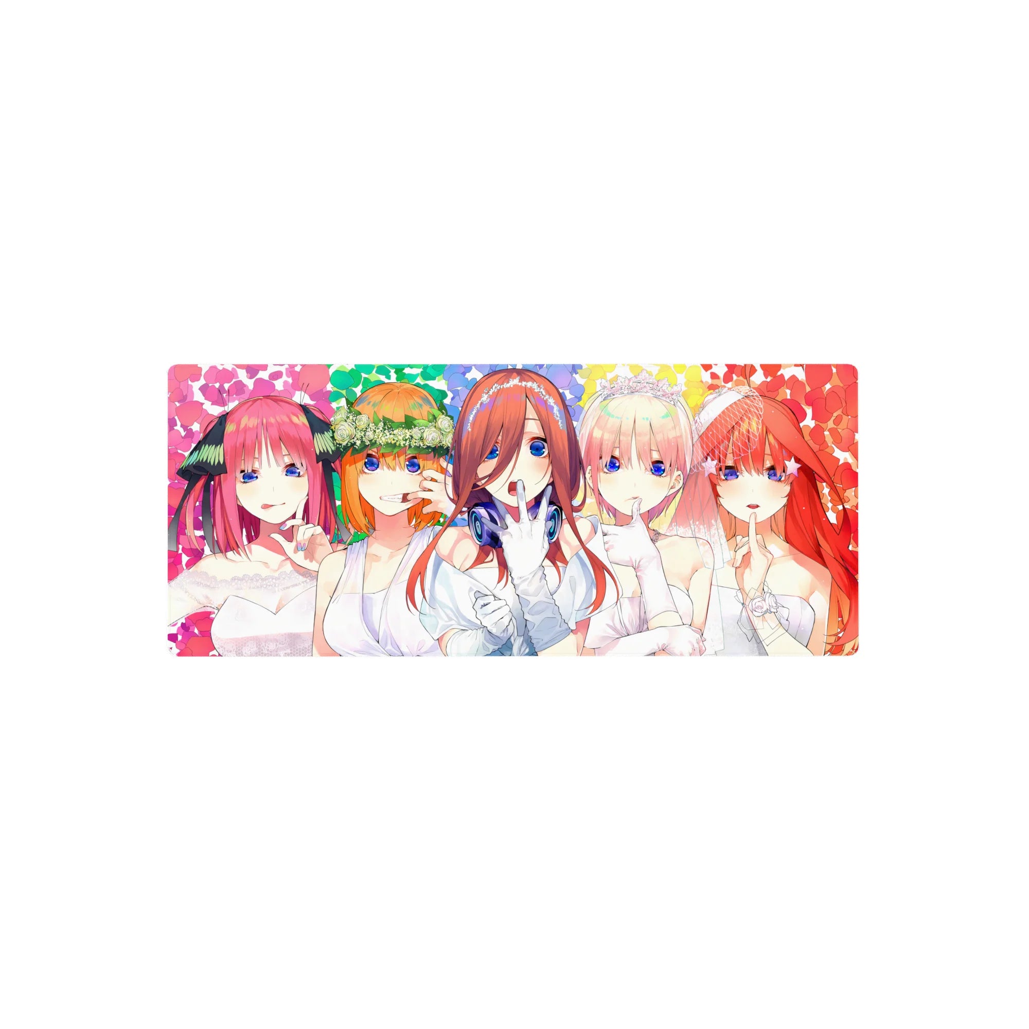 28x12 inches anime girl mouse pad with five brides posing with hush gestures on rainbow confetti backdrop.