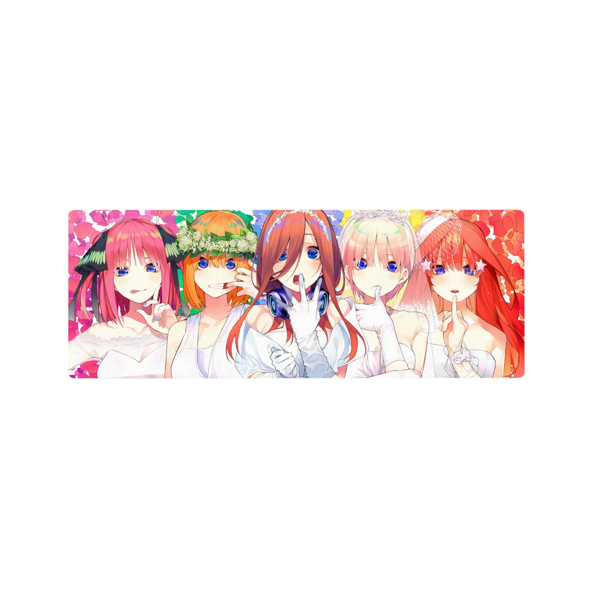 32x12 inches anime girl mouse pad with five bridal girls, veils, tiaras, and hush poses on rainbow confetti.