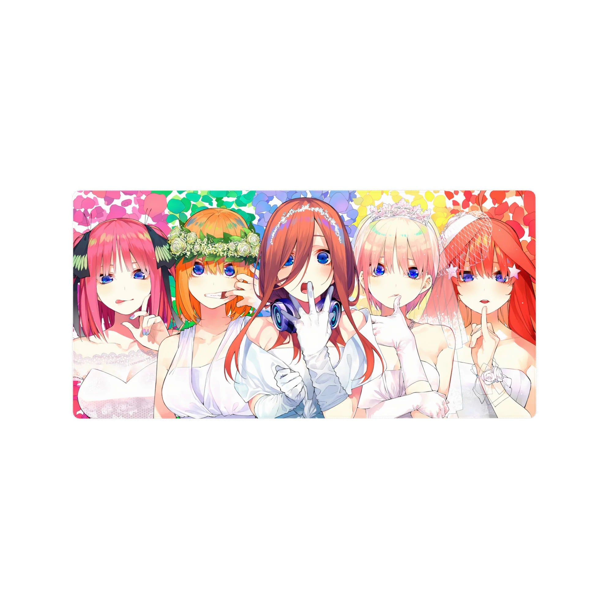 32x16 inches anime girl mouse pad with five brides, veils, tiaras, and hush pose on rainbow confetti.
