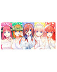 32x16 inches anime girl mouse pad with five brides, veils, tiaras, and hush pose on rainbow confetti.
