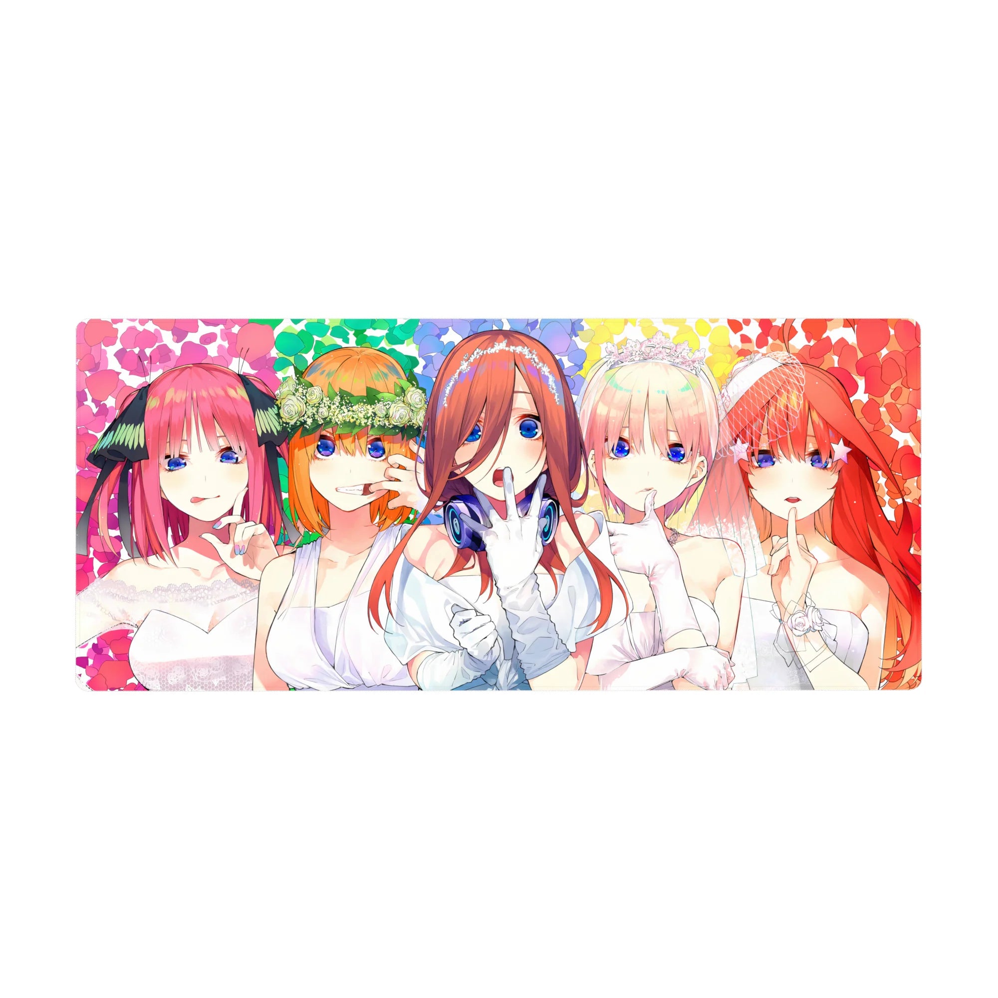 36x16 inches anime girl desk pad with five bridal girls, veils, tiaras, and hush pose on rainbow confetti.
