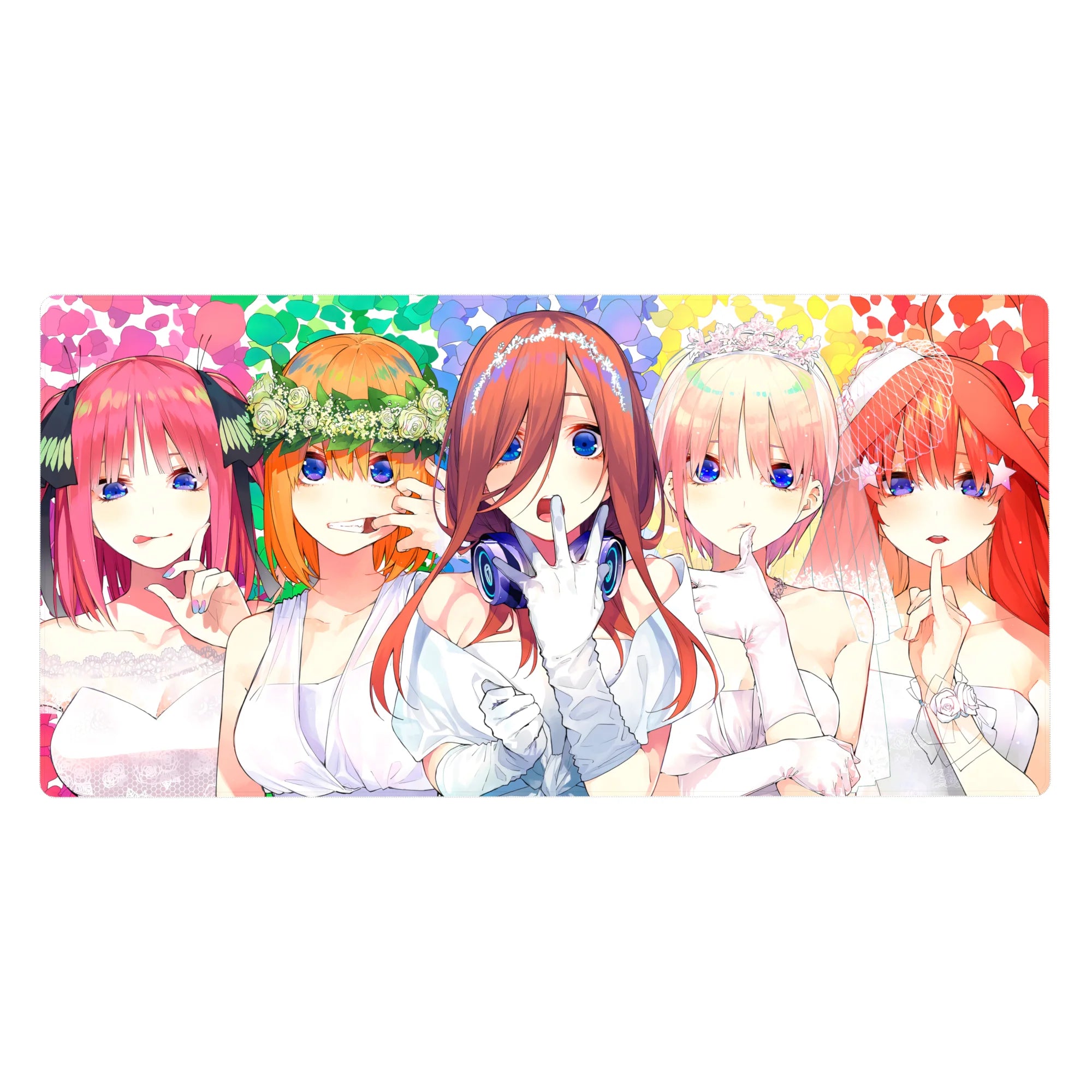 40x20 inches anime girl desk pad with five brides, veils, tiaras, and hush pose on rainbow confetti.