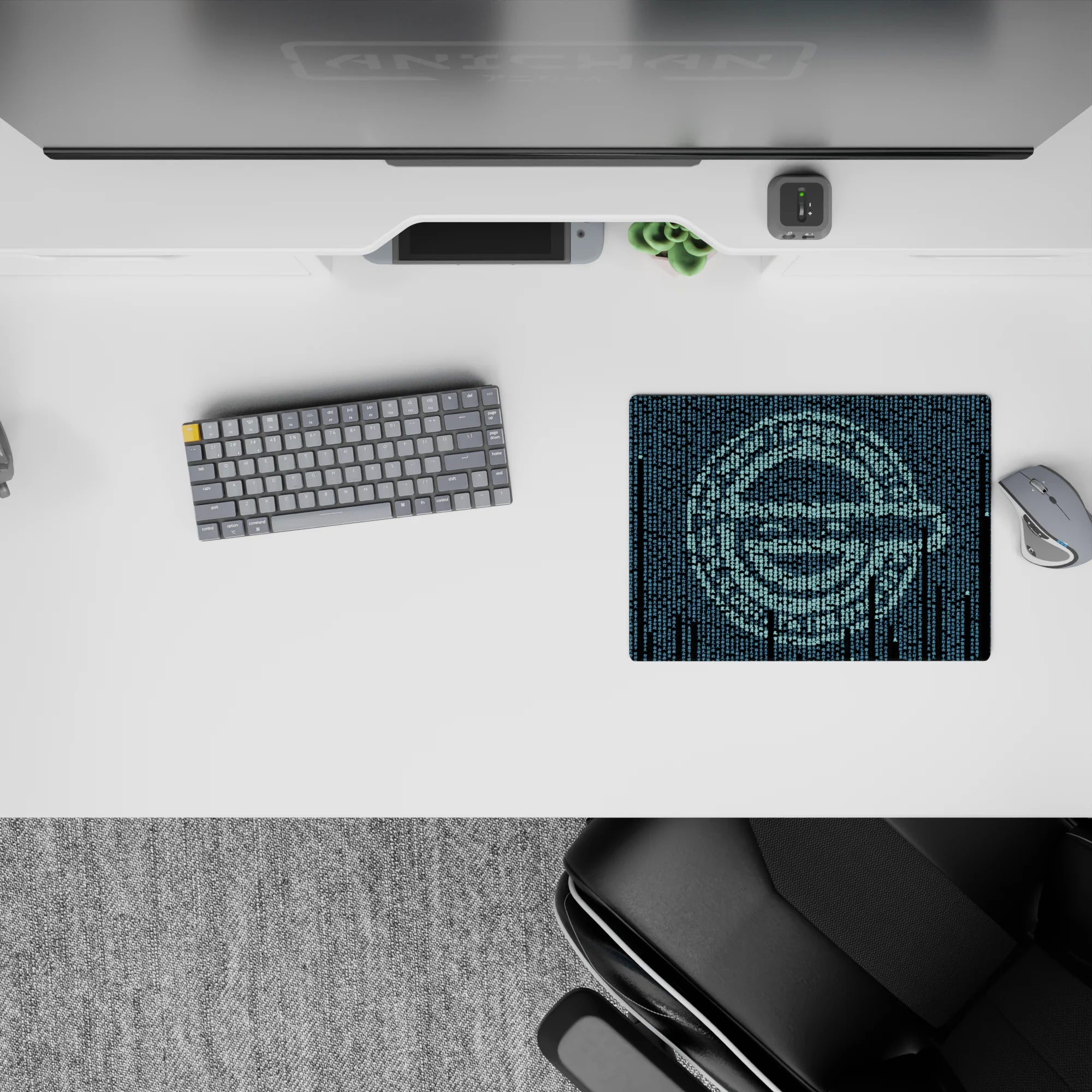 Moody 14x10 inches anime mouse pad in icy teal and dark navy, cyber glyph curtain, late-night vibe.