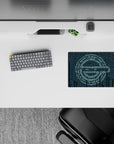 Moody 14x10 inches anime mouse pad in icy teal and dark navy, cyber glyph curtain, late-night vibe.