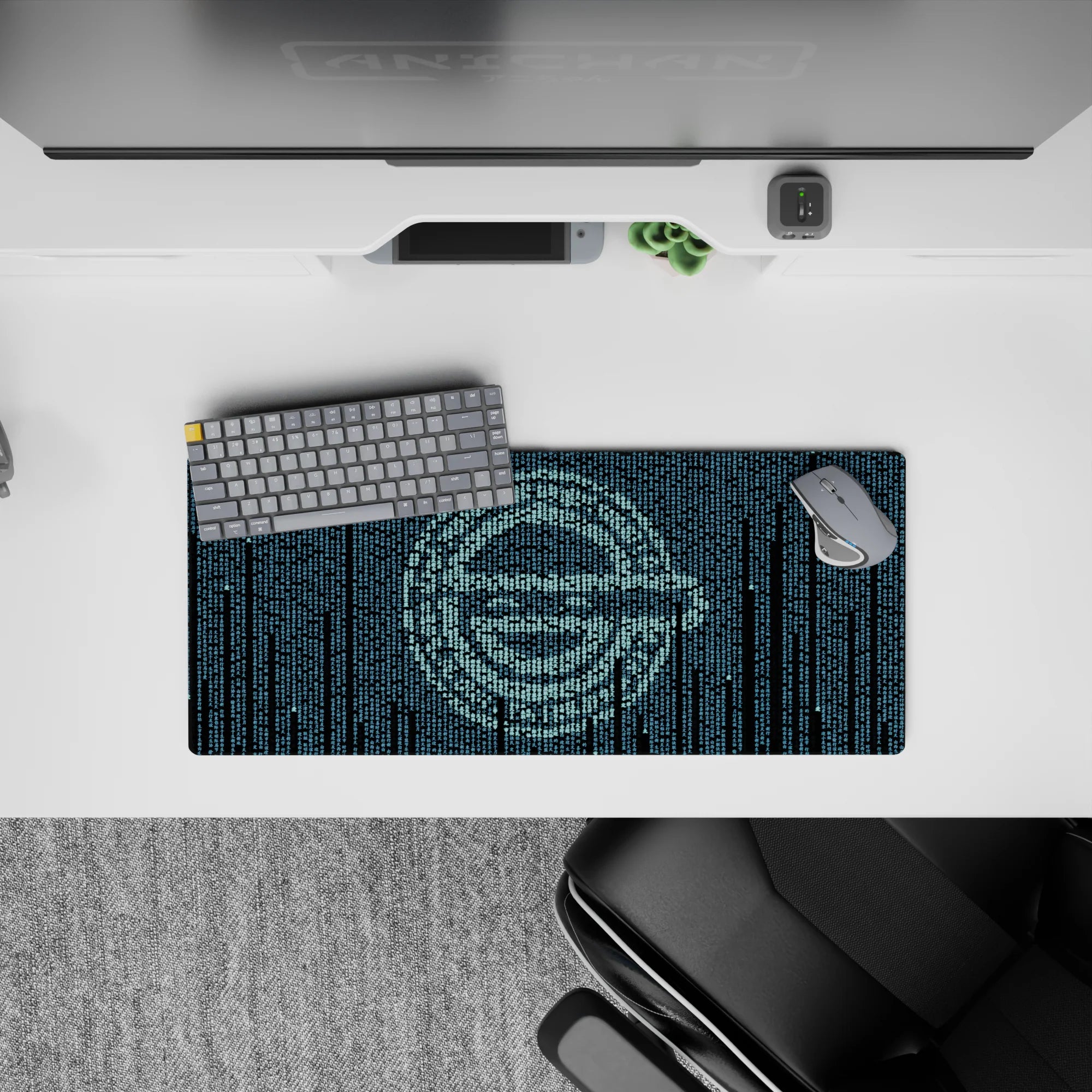 Moody teal-on-navy anime mouse pad 28x12 inches, calm hacker vibe with digital glyph curtain effect.