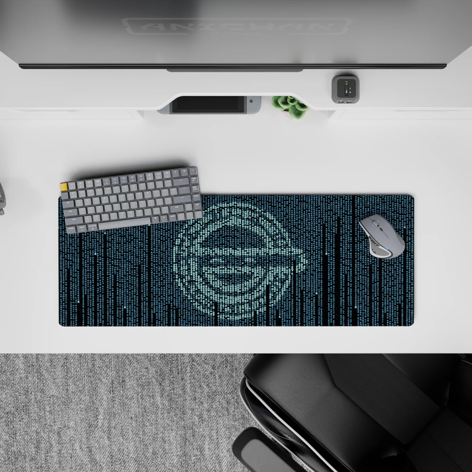 32x12 inches anime mouse pad in moody dark navy with icy teal glyphs and calm cyberpunk late-night vibe.