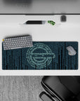 32x12 inches anime mouse pad in moody dark navy with icy teal glyphs and calm cyberpunk late-night vibe.