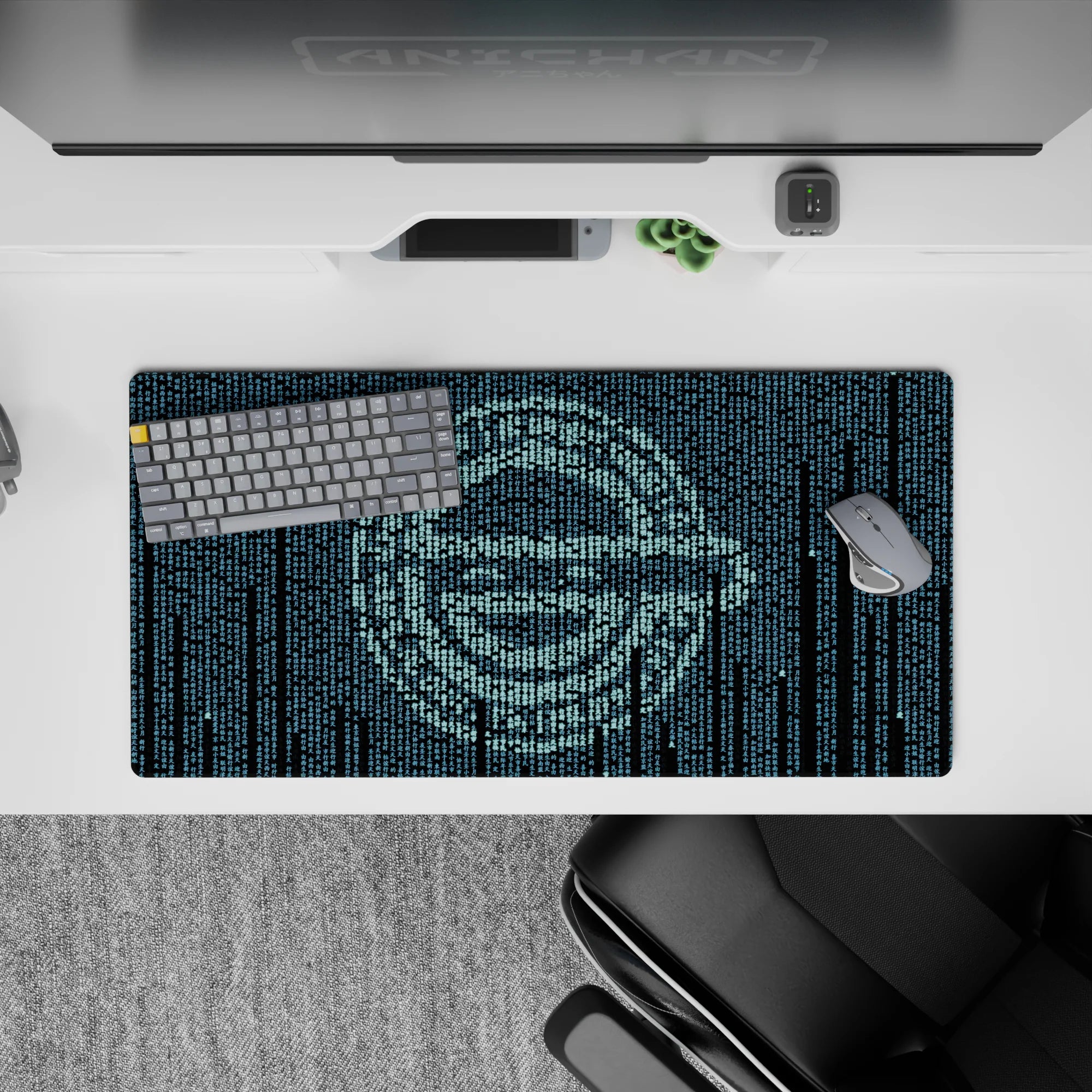 32x16 inches cyber anime mouse pad in icy teal and deep navy, calm moody late-night desk aesthetic.