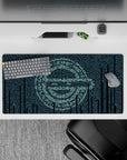 32x16 inches cyber anime mouse pad in icy teal and deep navy, calm moody late-night desk aesthetic.