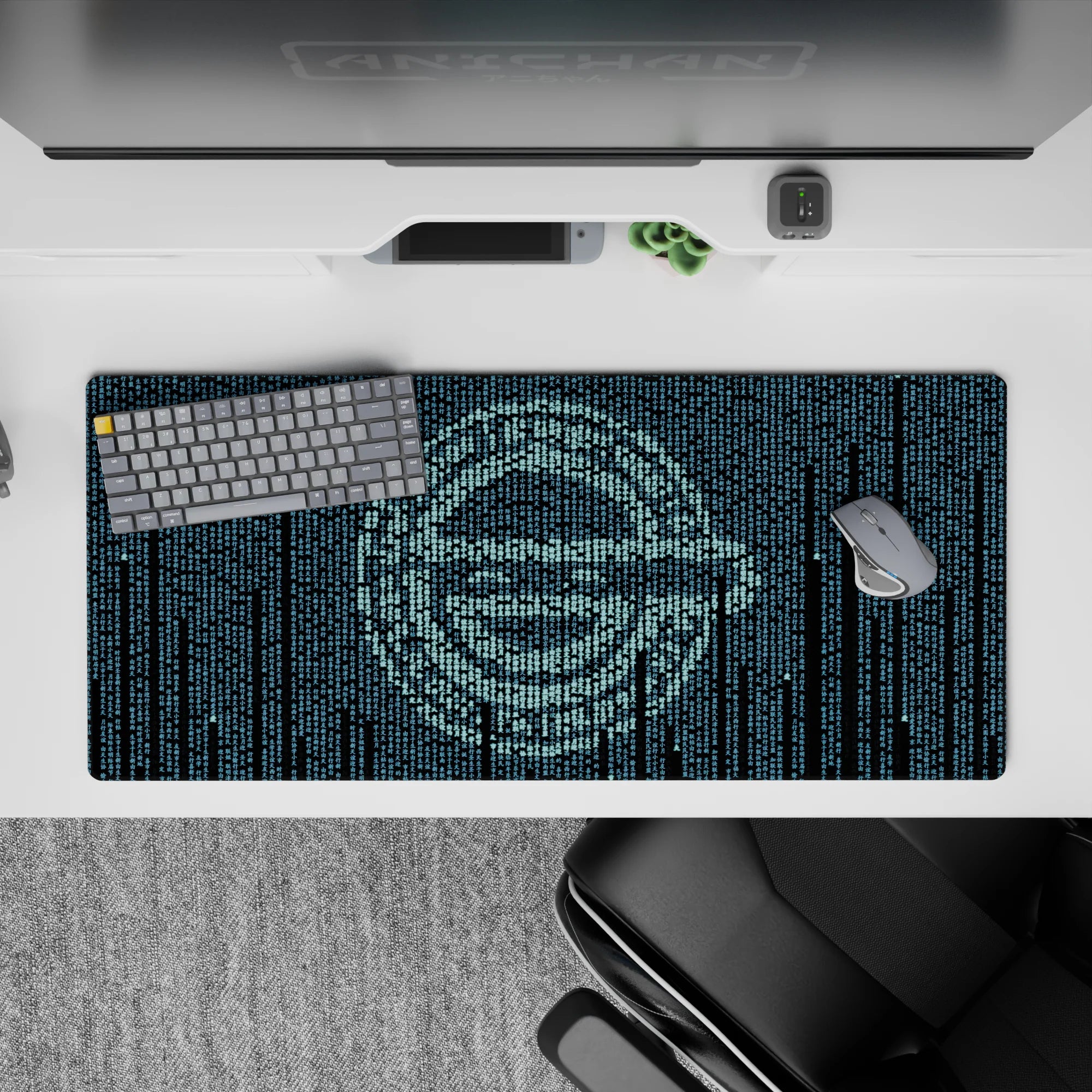 36x16 inches cyber anime mouse pad in icy teal and deep navy, calm hacker mood with digital glyph curtain.