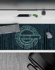 36x16 inches cyber anime mouse pad in icy teal and deep navy, calm hacker mood with digital glyph curtain.