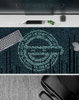 Moody cyber anime desk pad 40x20 inches in icy teal and deep navy with layered glyph curtain.