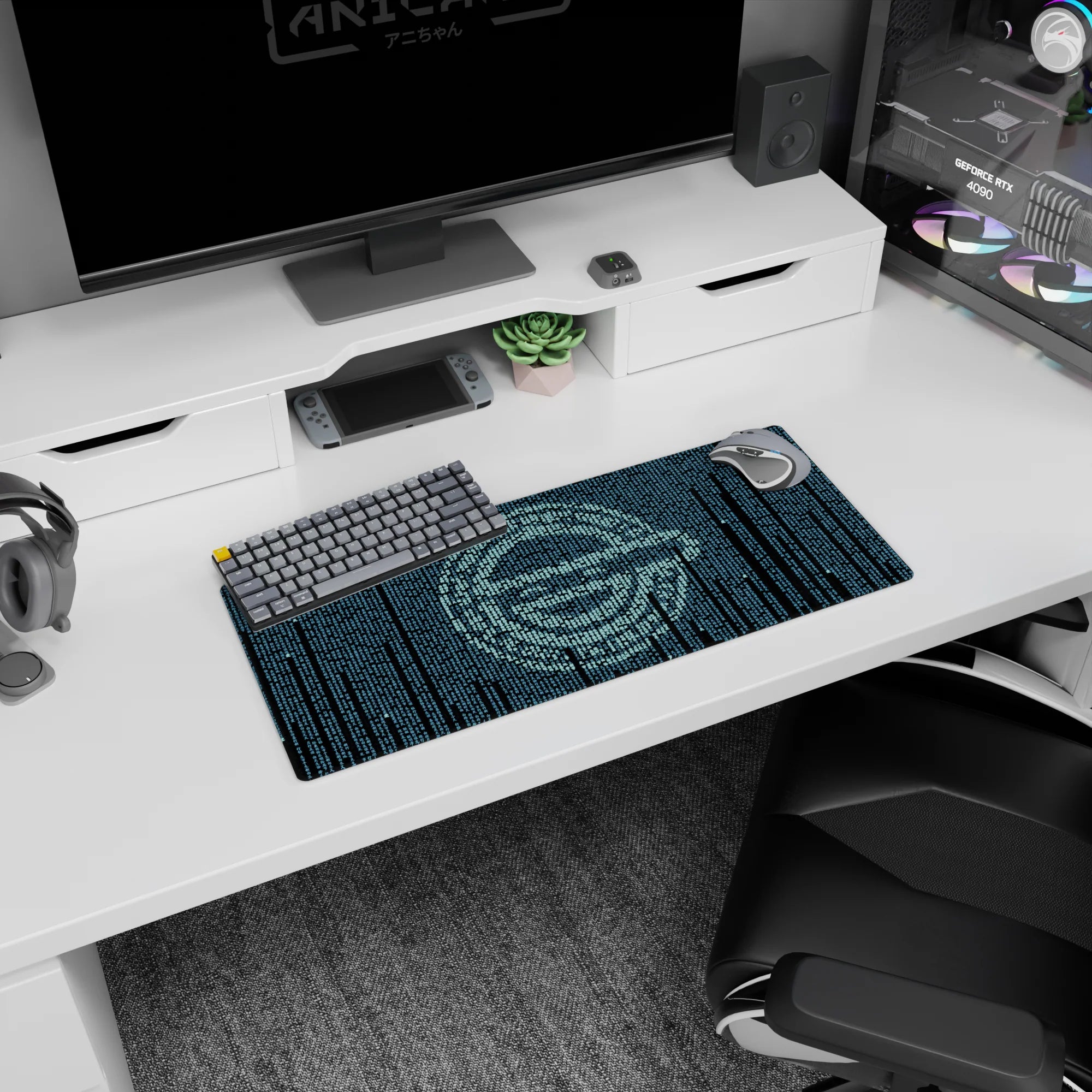 Anime mouse pad 28x12 inches showing an icy teal code cascade shaping a focused face with quiet locked eyes.