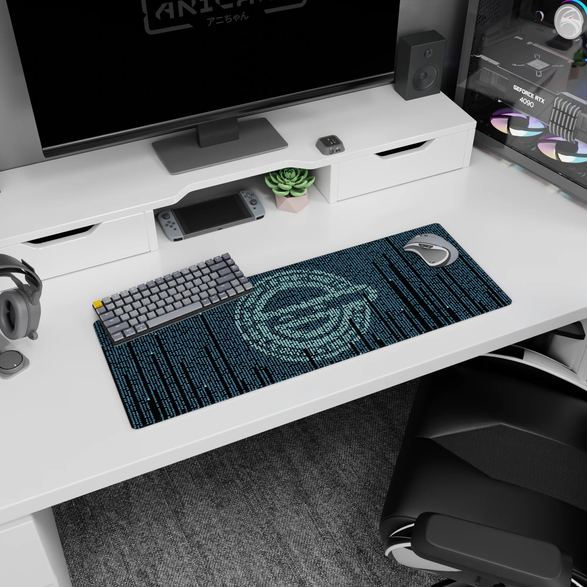 32x12 inches anime mouse pad showing a quiet-eyed anime hacker face emerging from falling teal code curtains.