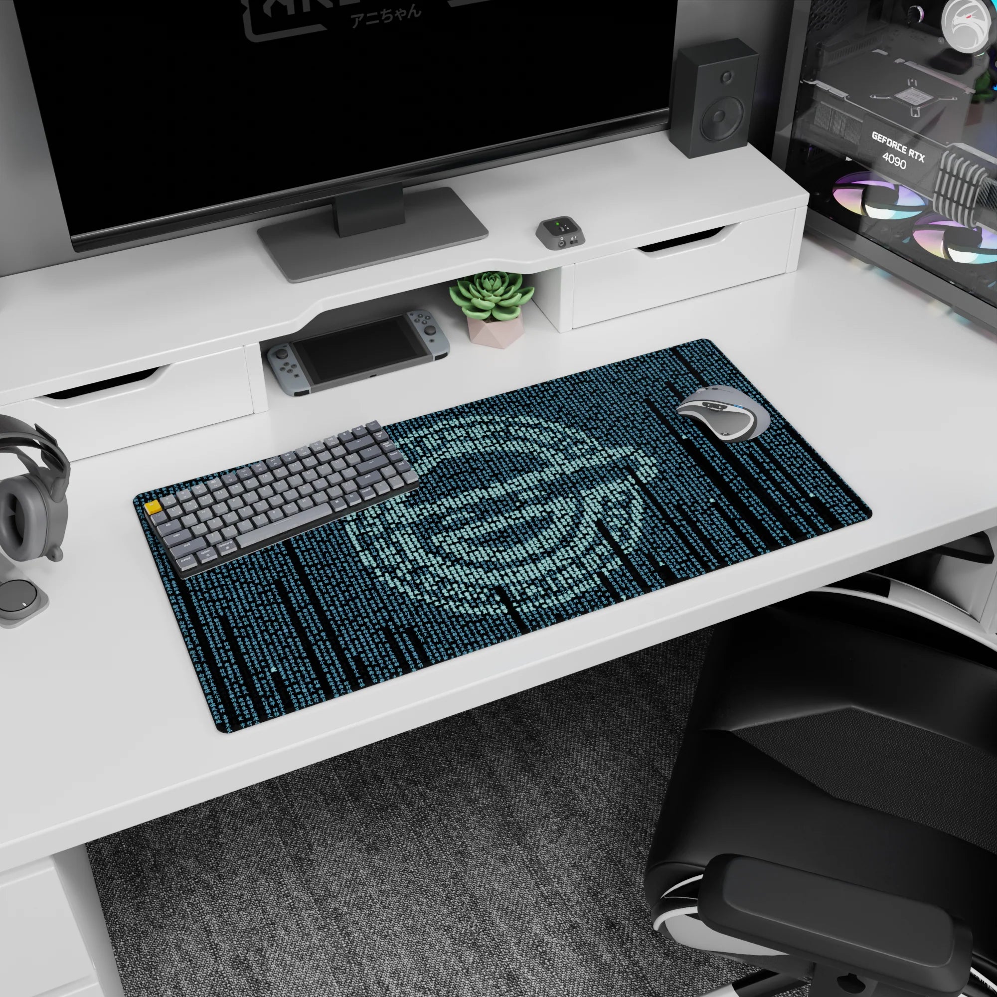 32x16 inches anime mouse pad showing an intense quiet-eyed face emerging from raining teal glyphs.