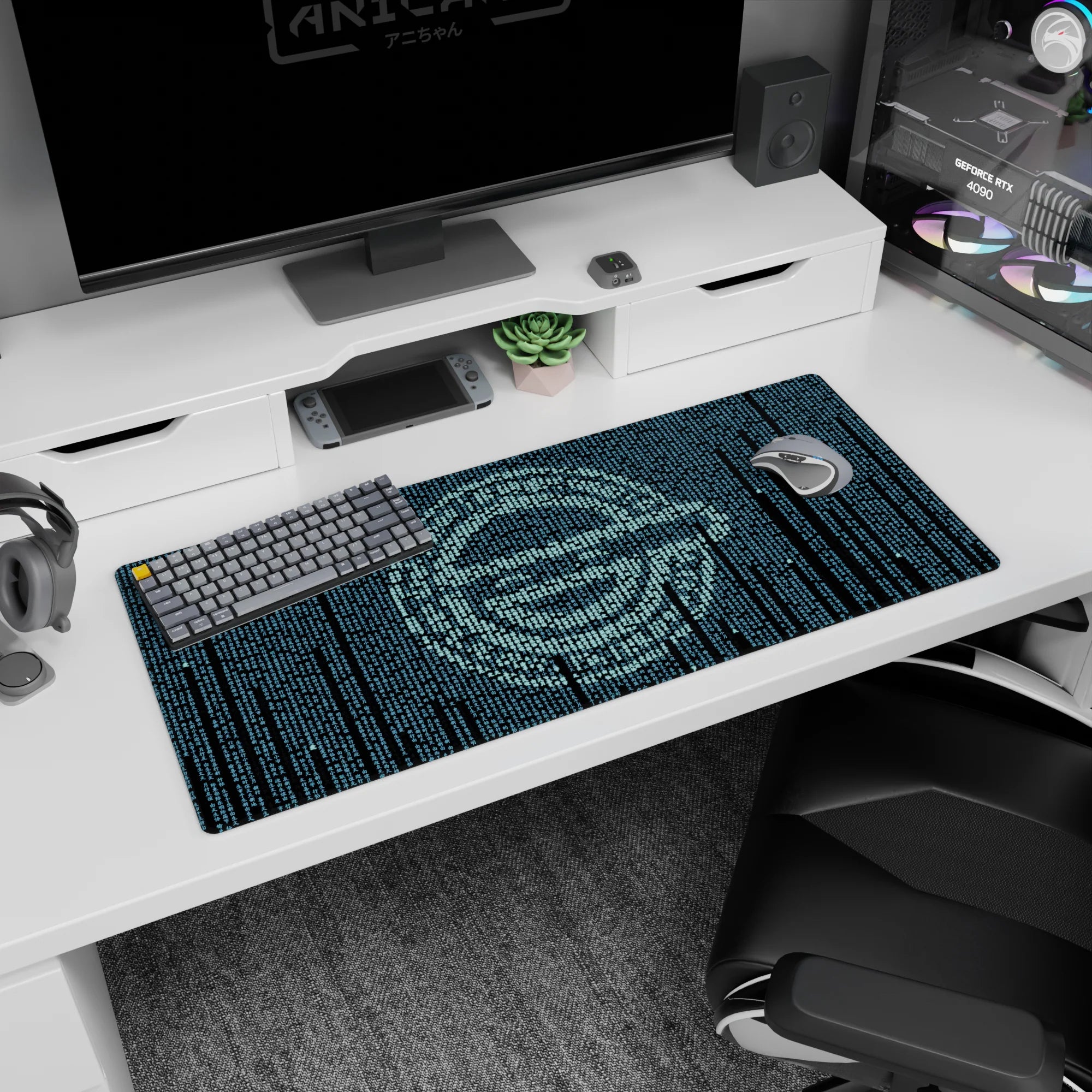 36x16 inches desk pad showing a quiet-eyed anime hacker face emerging from falling teal code glyphs.