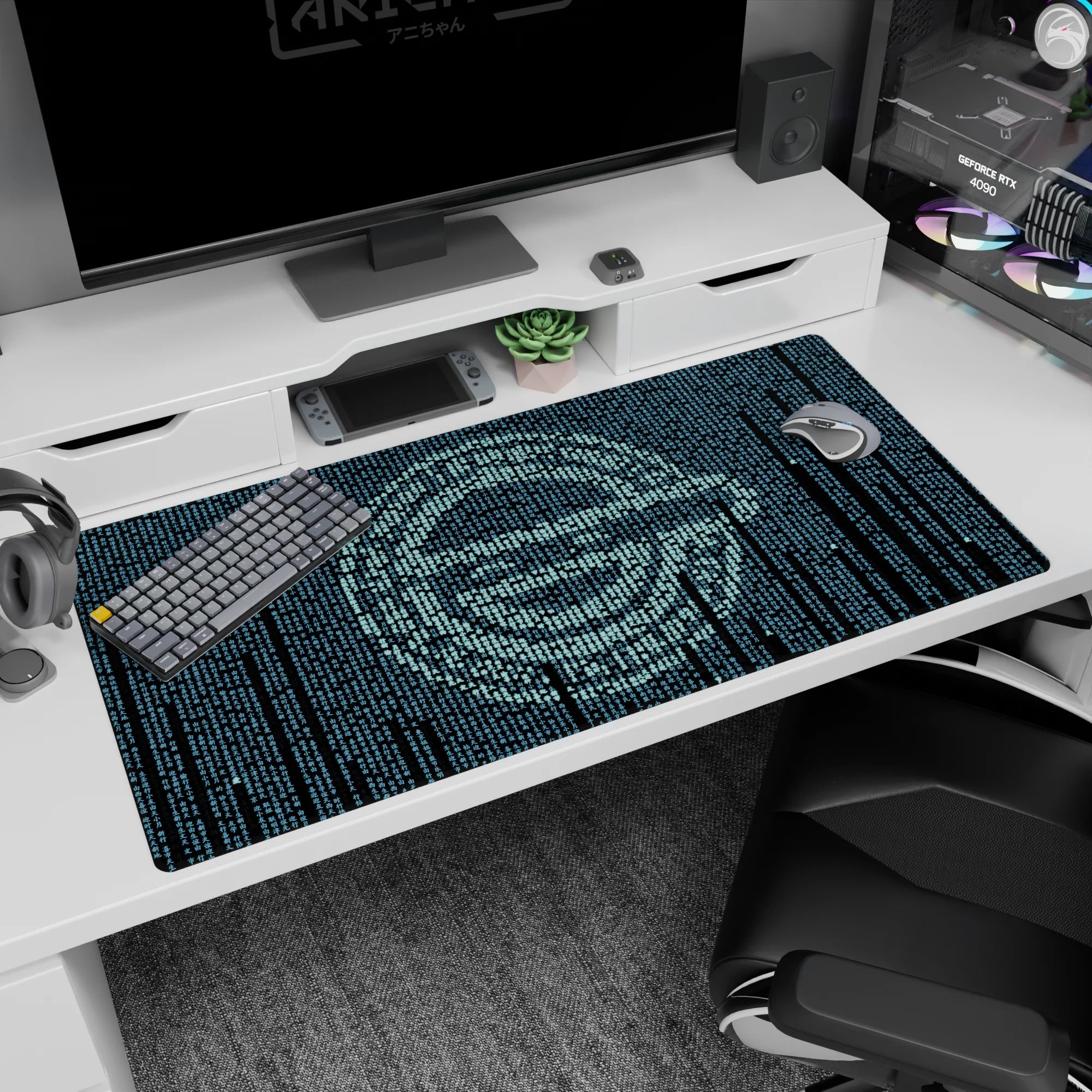 40x20 inches anime desk pad showing a calm hacker face emerging from falling teal code, eyes locked in.
