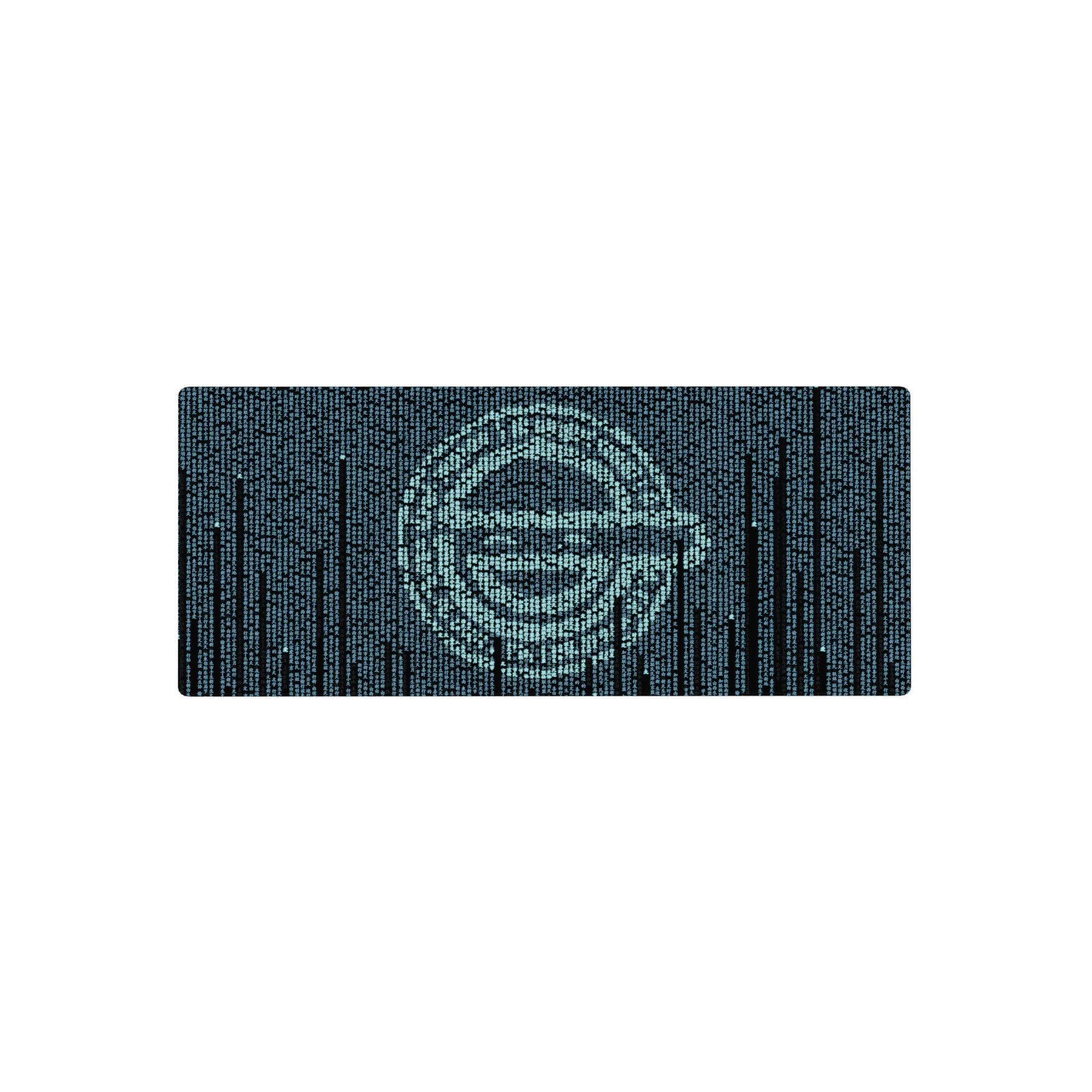 Cyber anime mouse pad 28x12 inches with teal code rain forming a sharp face on a dark navy backdrop.
