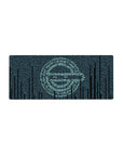 Cyber anime mouse pad 28x12 inches with teal code rain forming a sharp face on a dark navy backdrop.