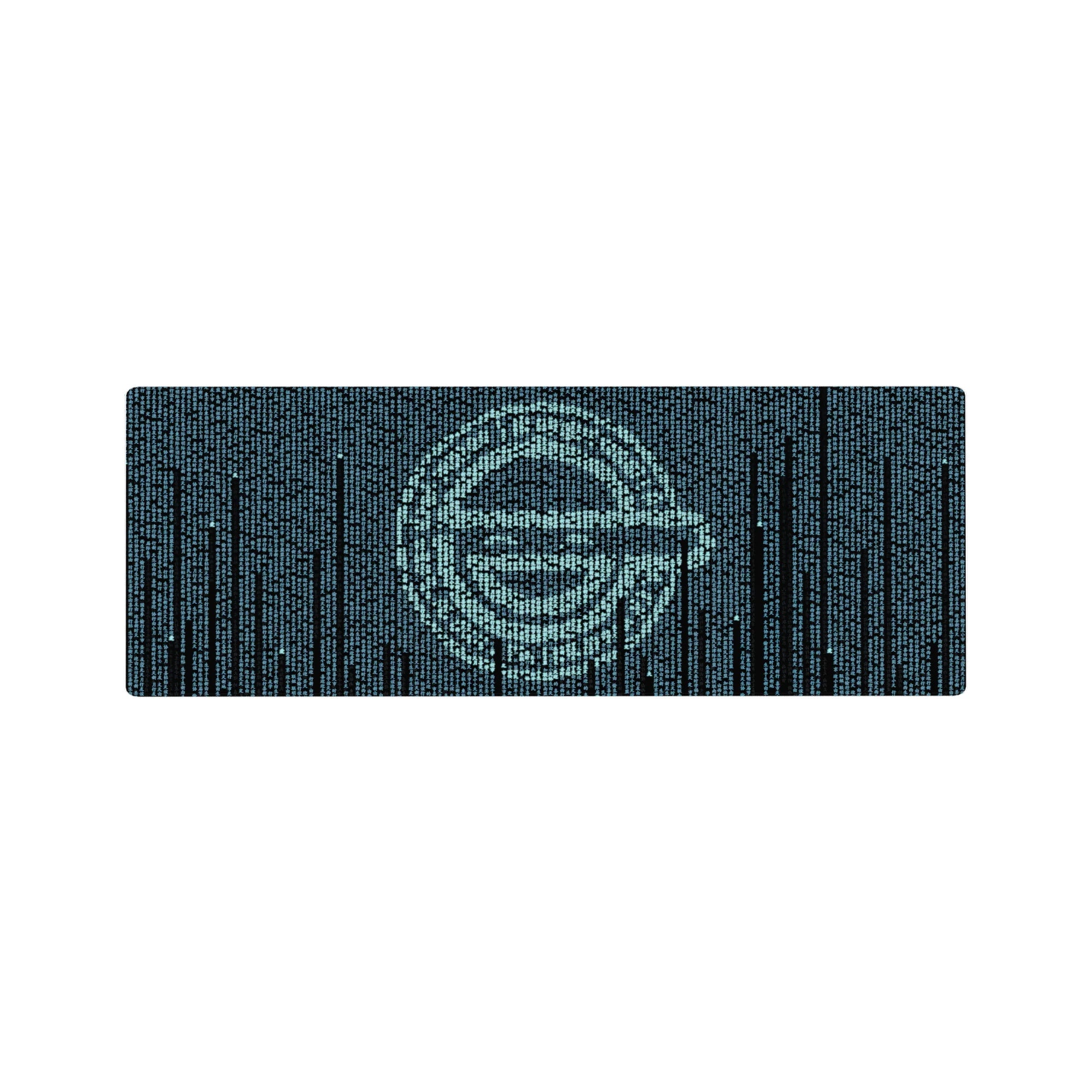 32x12 inches anime mouse pad with icy teal code rain forming a sharp hacker-style anime face on navy.