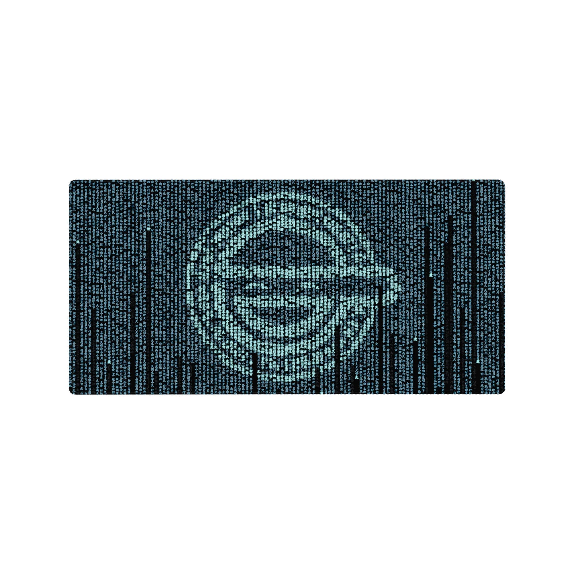 32x16 inches anime mouse pad with teal falling code forming a sharp hacker face on dark navy background.